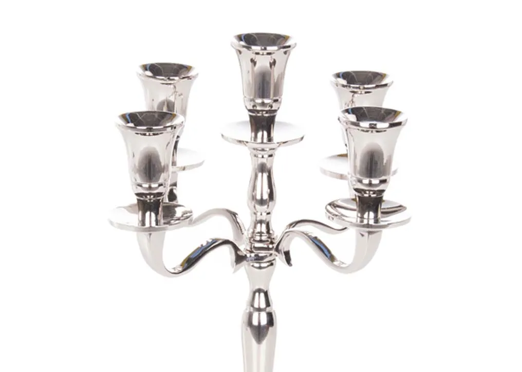A silver candlebra with 5 lights from EZ Living Furniture's Rhinestone range. Closeup of 5 t-lights