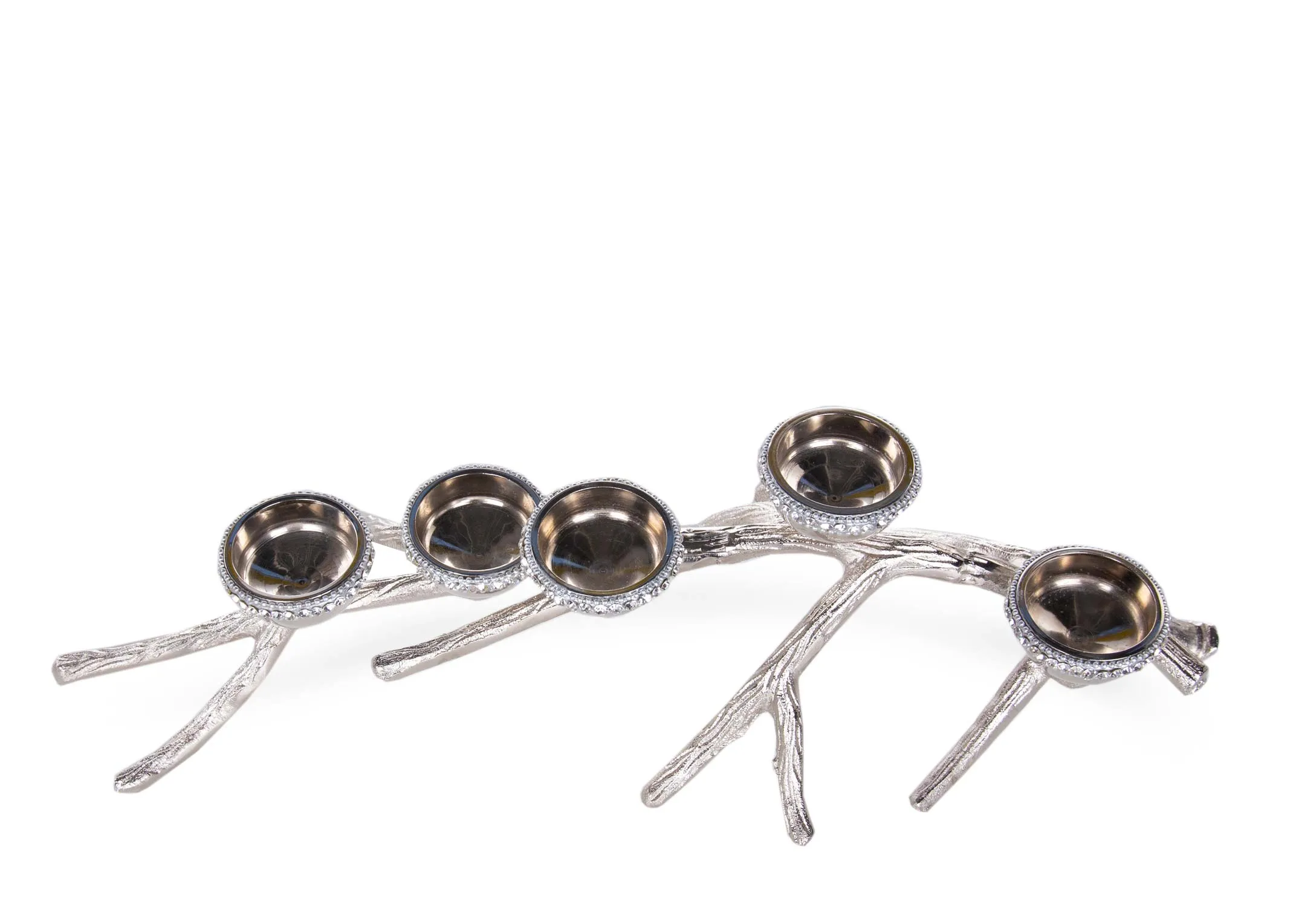A silver branch candle holder with 5 rhinestone trim t-lights from EZ Livings Christmas Candleholder range. Above view.