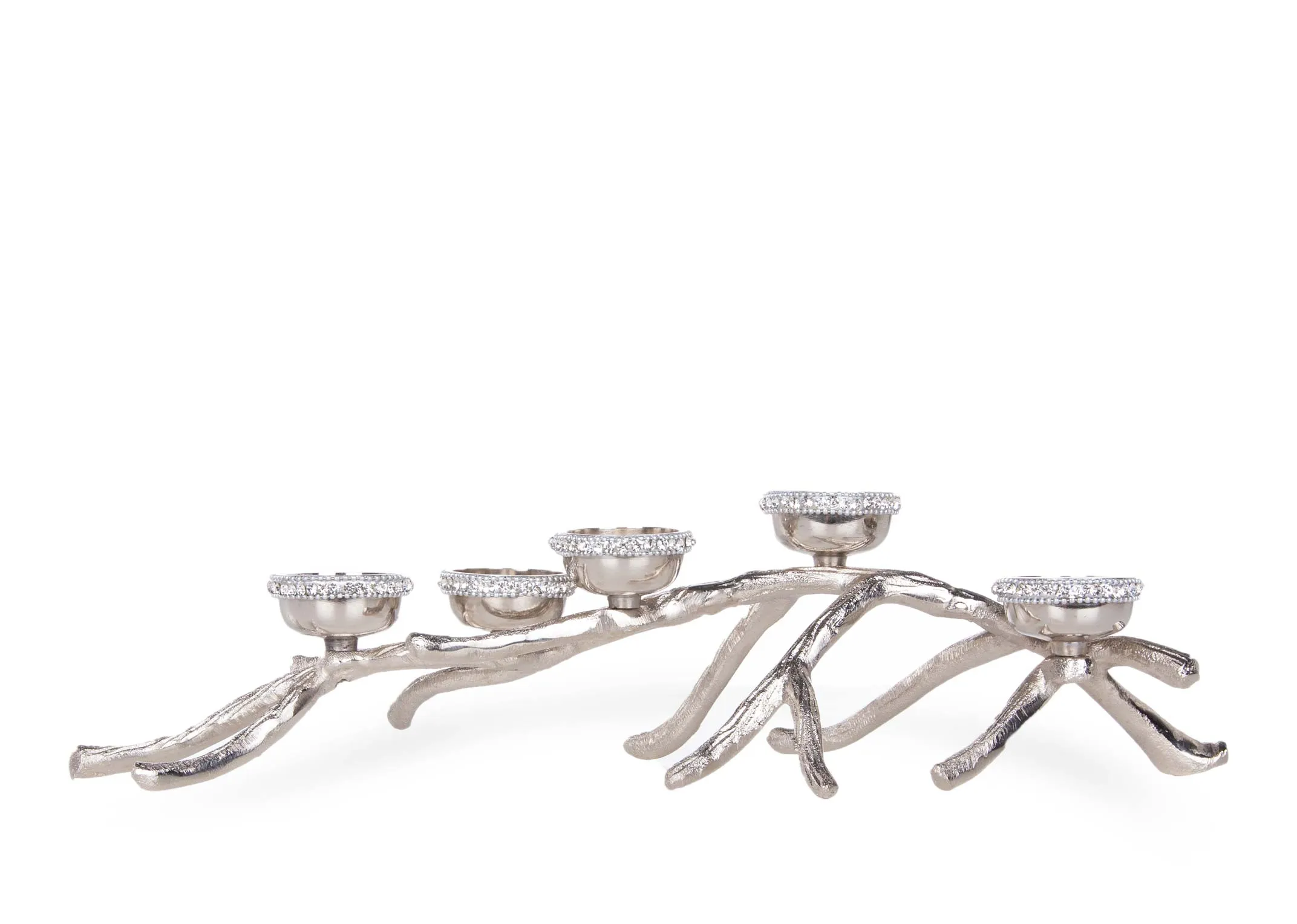 A silver branch candle holder with 5 rhinestone trim t-lights from EZ Livings Christmas Candleholder range. Front view
