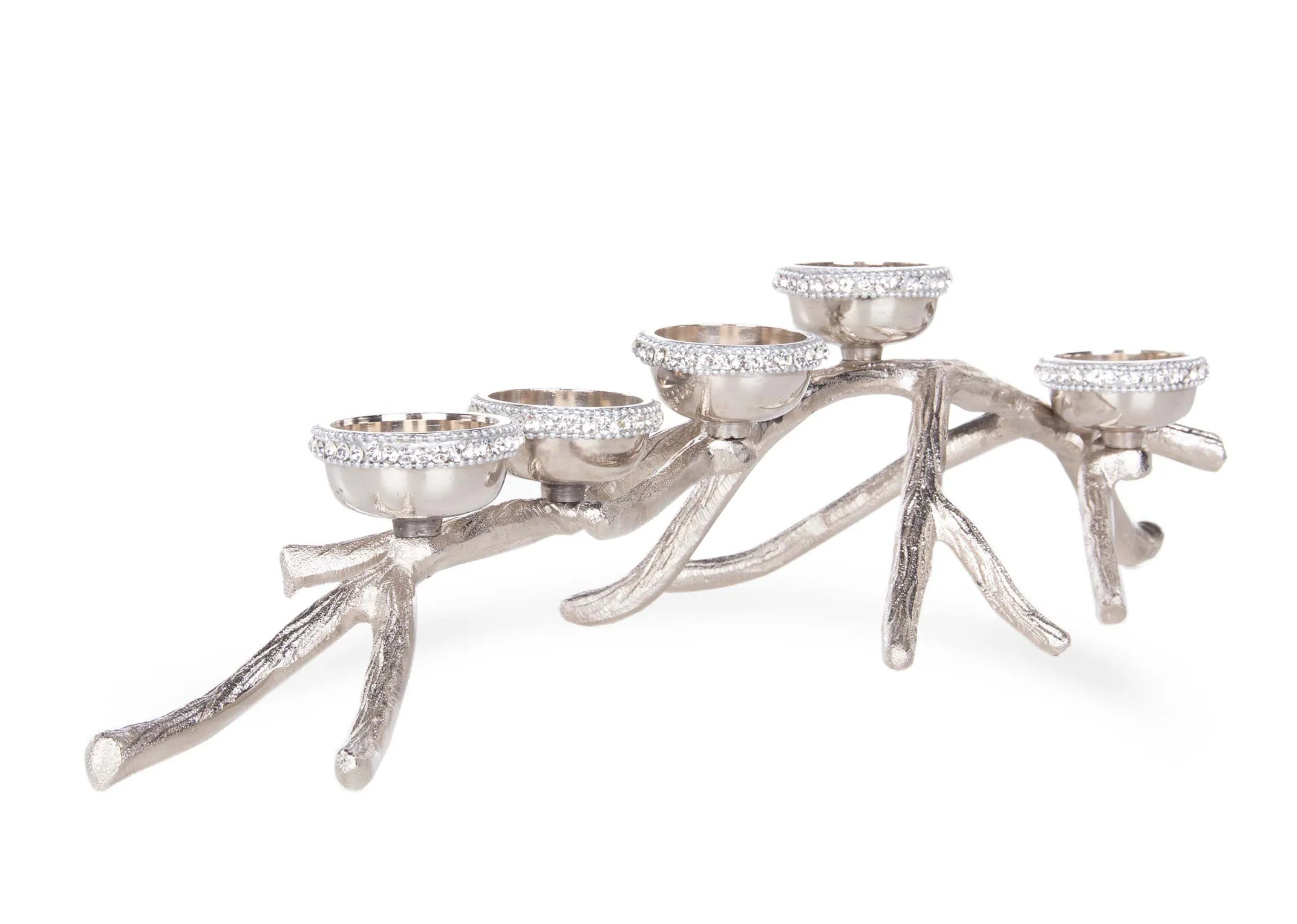 A silver branch candle holder with 5 rhinestone trim t-lights from EZ Livings Christmas Candleholder range. Angled view