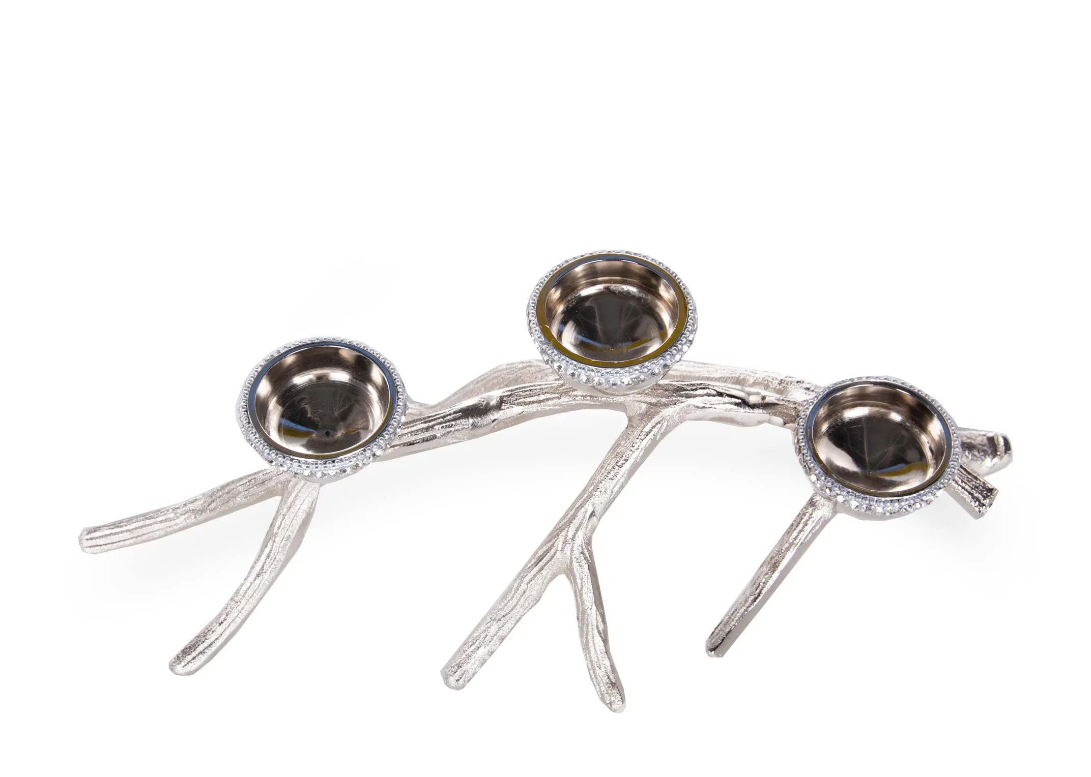 A silver branch candle holder with rhinestone from EZ Living Furniture's Christmas range. View from above of the 3 lights