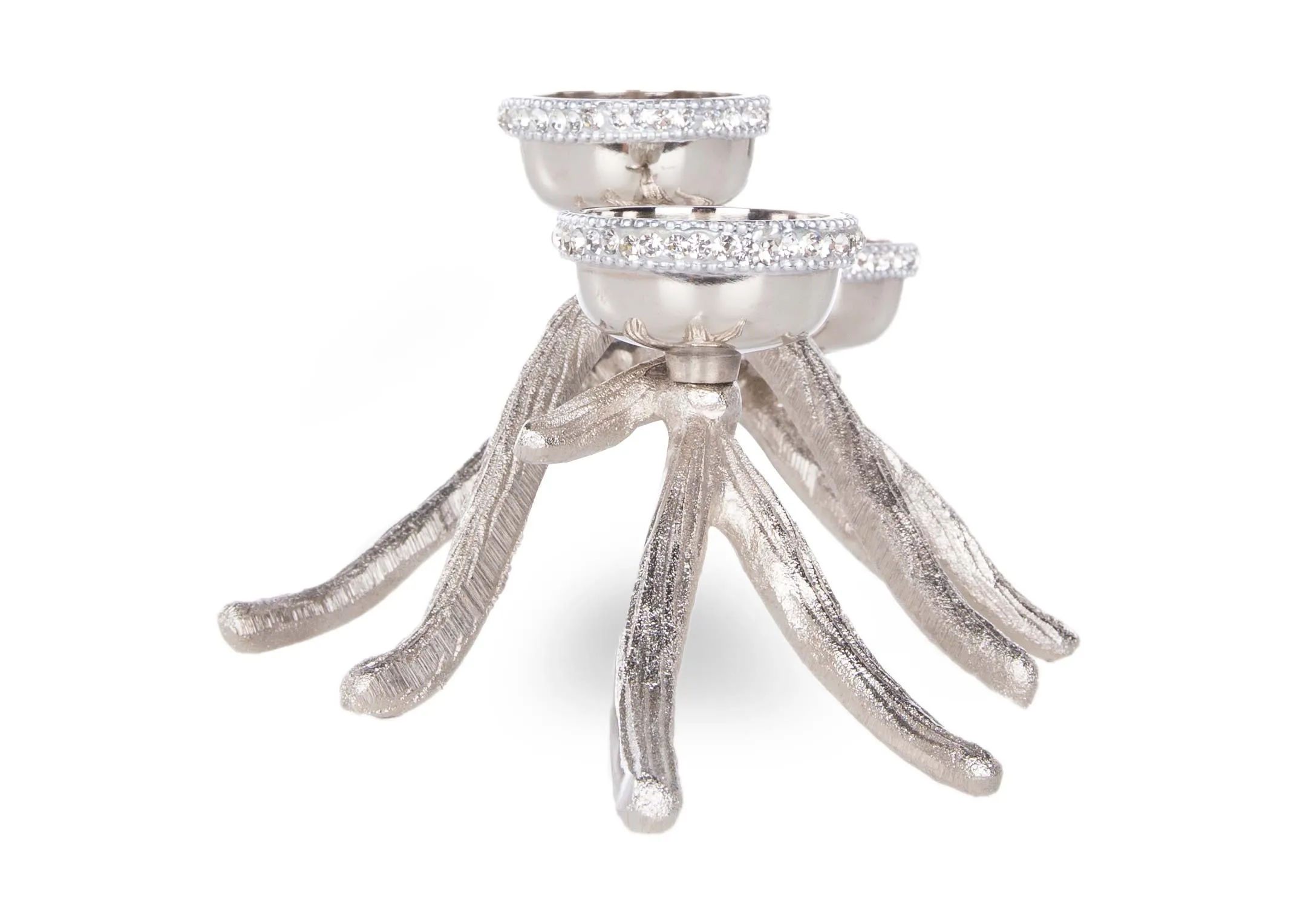 A silver branch candle holder with rhinestone from EZ Living Furniture's Christmas range.  Side view of rhinestone detail