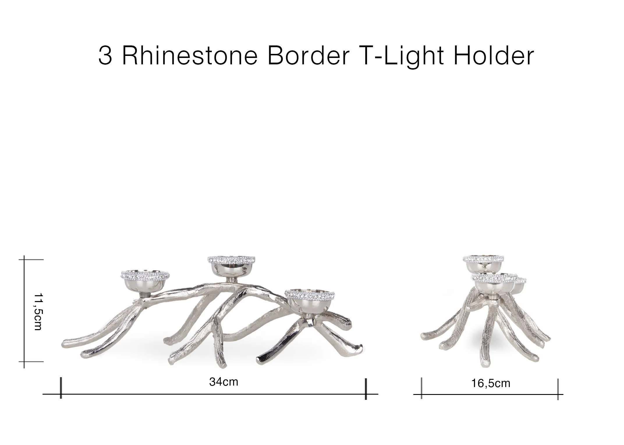 A dimension image of the Rhinestone T Light Candle Holder with 34cm (Width) x 16.5cm (Depth) x 11.5cm (Height)