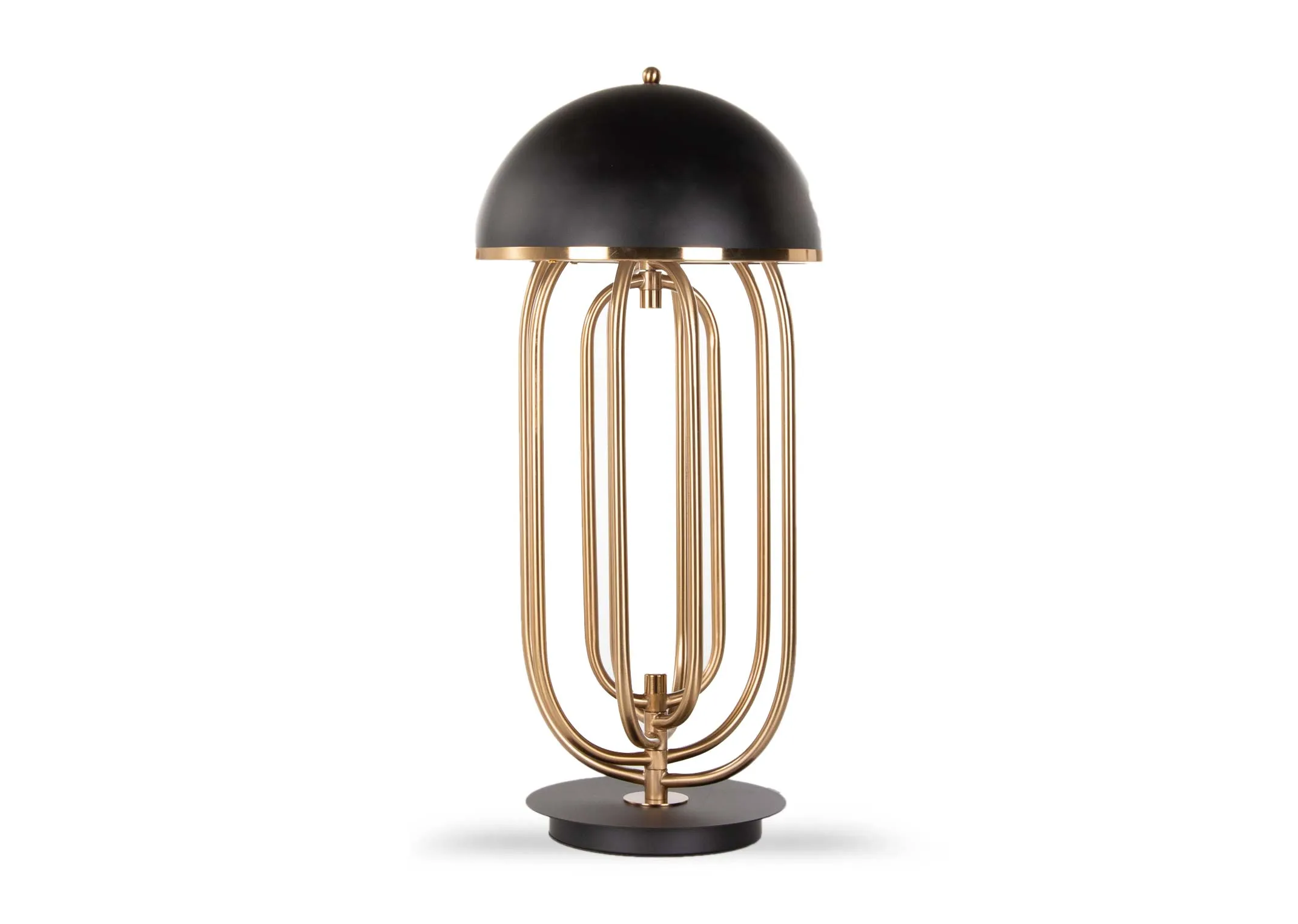 A gold metal art deco table lamp with black hard shade from EZ Living's Jasper range. Front view of lamp