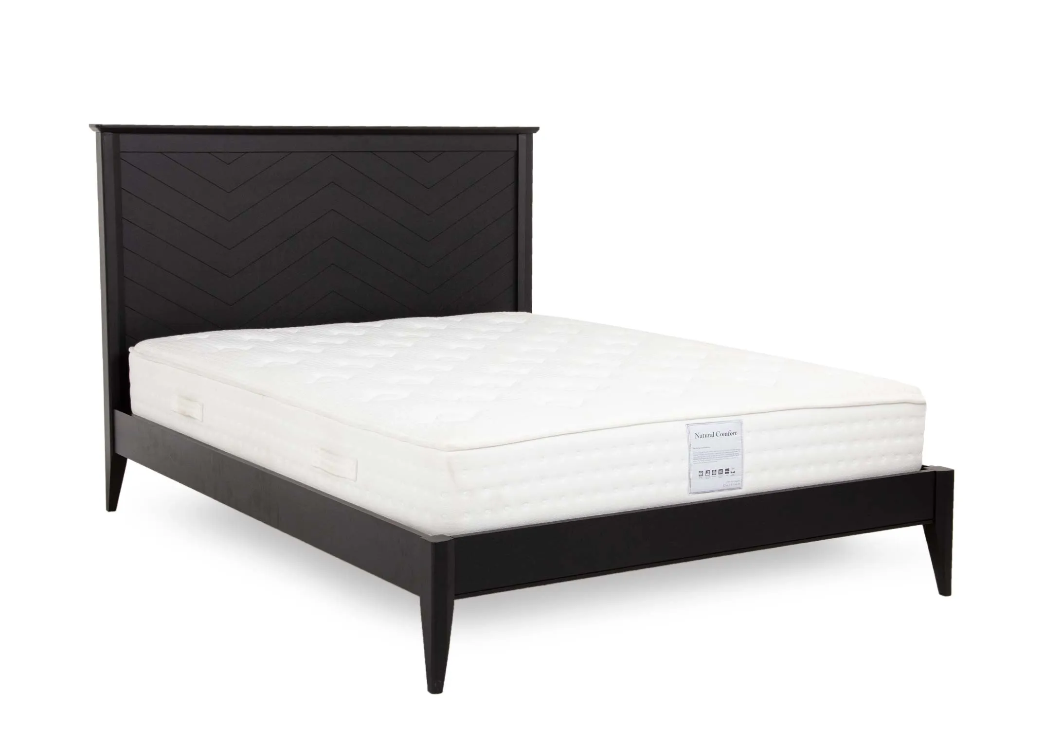 A king size 5ft black chevron oak & pine bedframe from EZ Living's Chevron range. Angled view with mattress