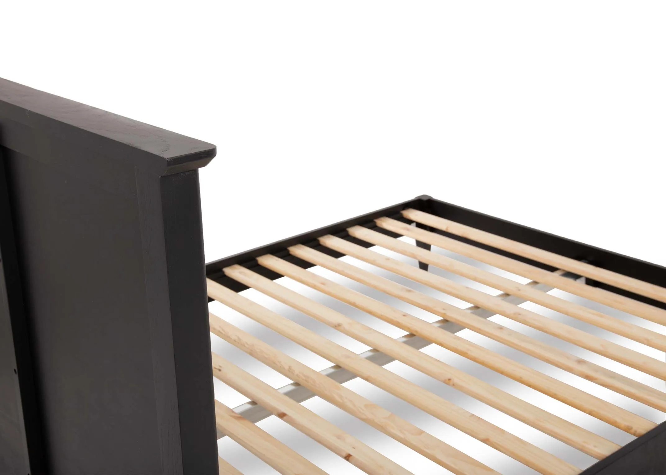 A king size 5ft black chevron oak & pine bedframe from EZ Living's Chevron range. Angled view of slat base