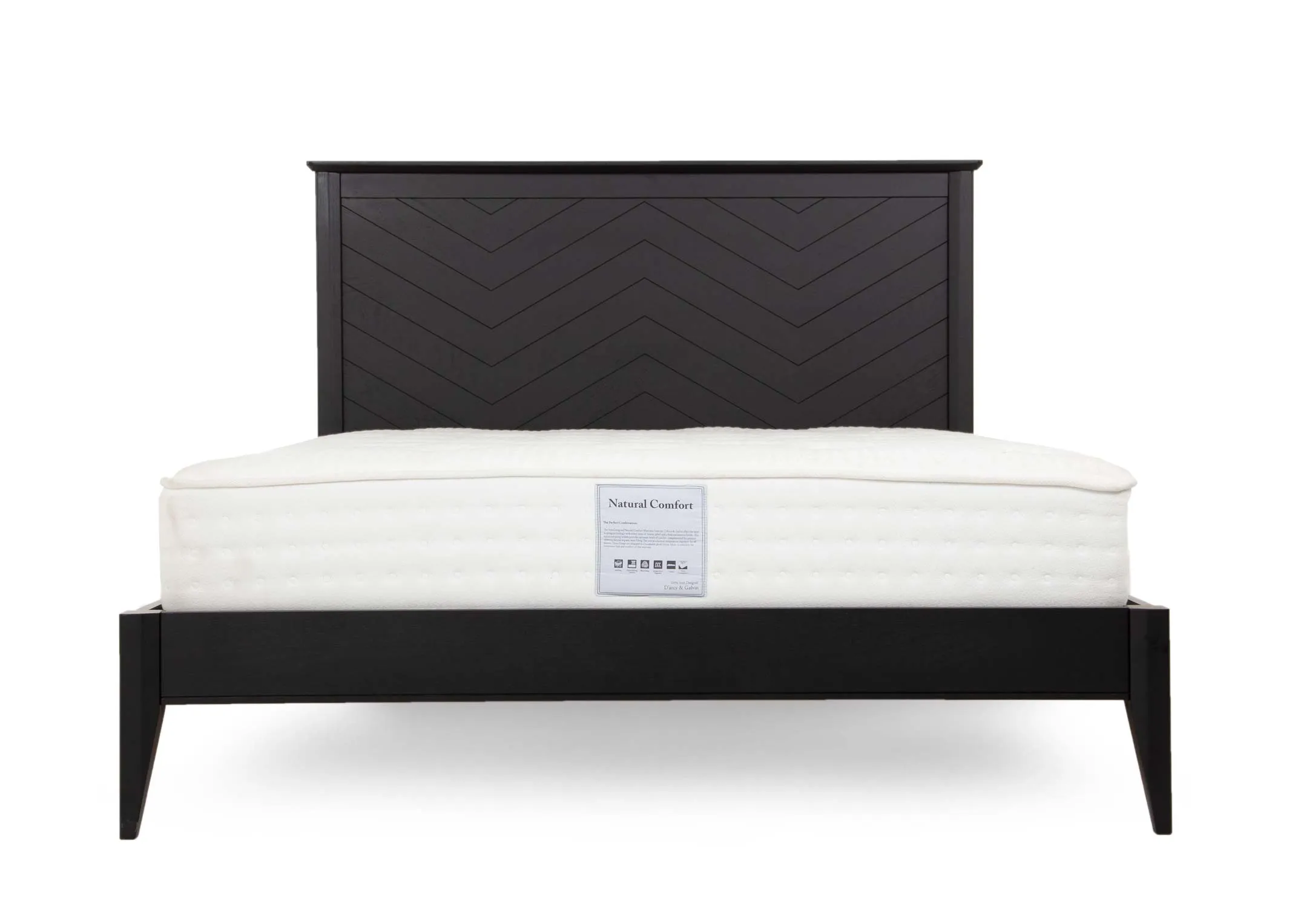 A king size 4ft6 black chevron oak & pine bedframe from EZ Living's Chevron range. View of chevron headboard