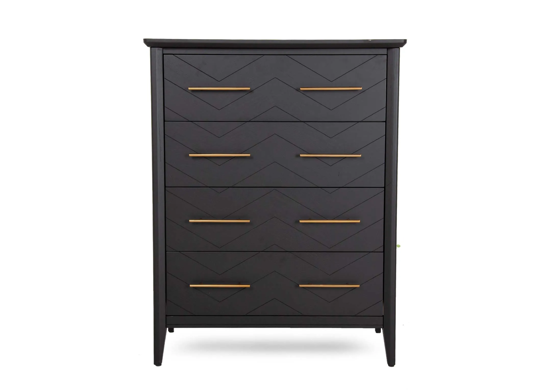 A 4 drawer black oak & pine chest of drawers from EZ Living's Chevron range. Front view of chevron design