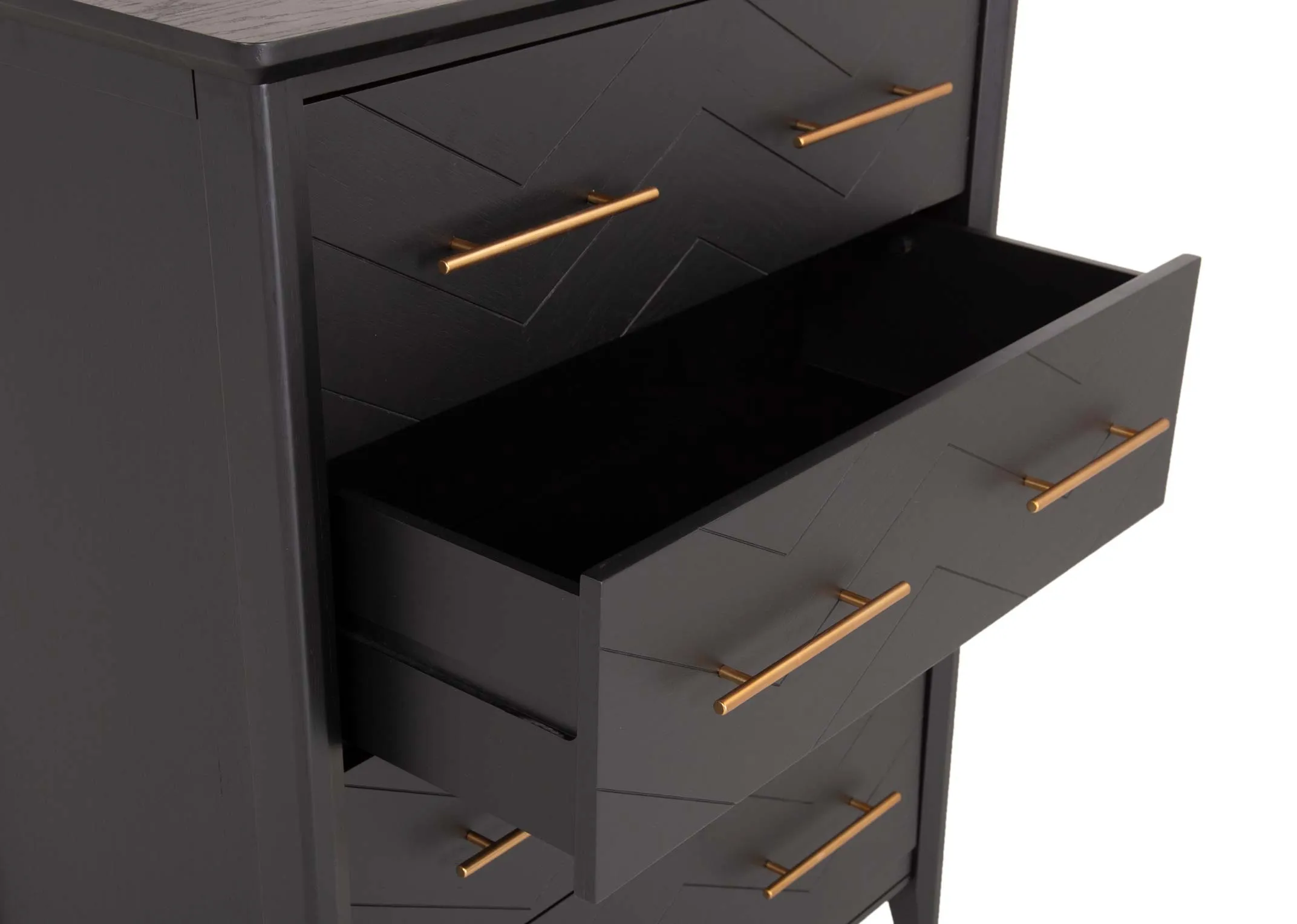A 4 drawer black oak & pine chest of drawers from EZ Living's Chevron range. Closeup pf drawer soft slide