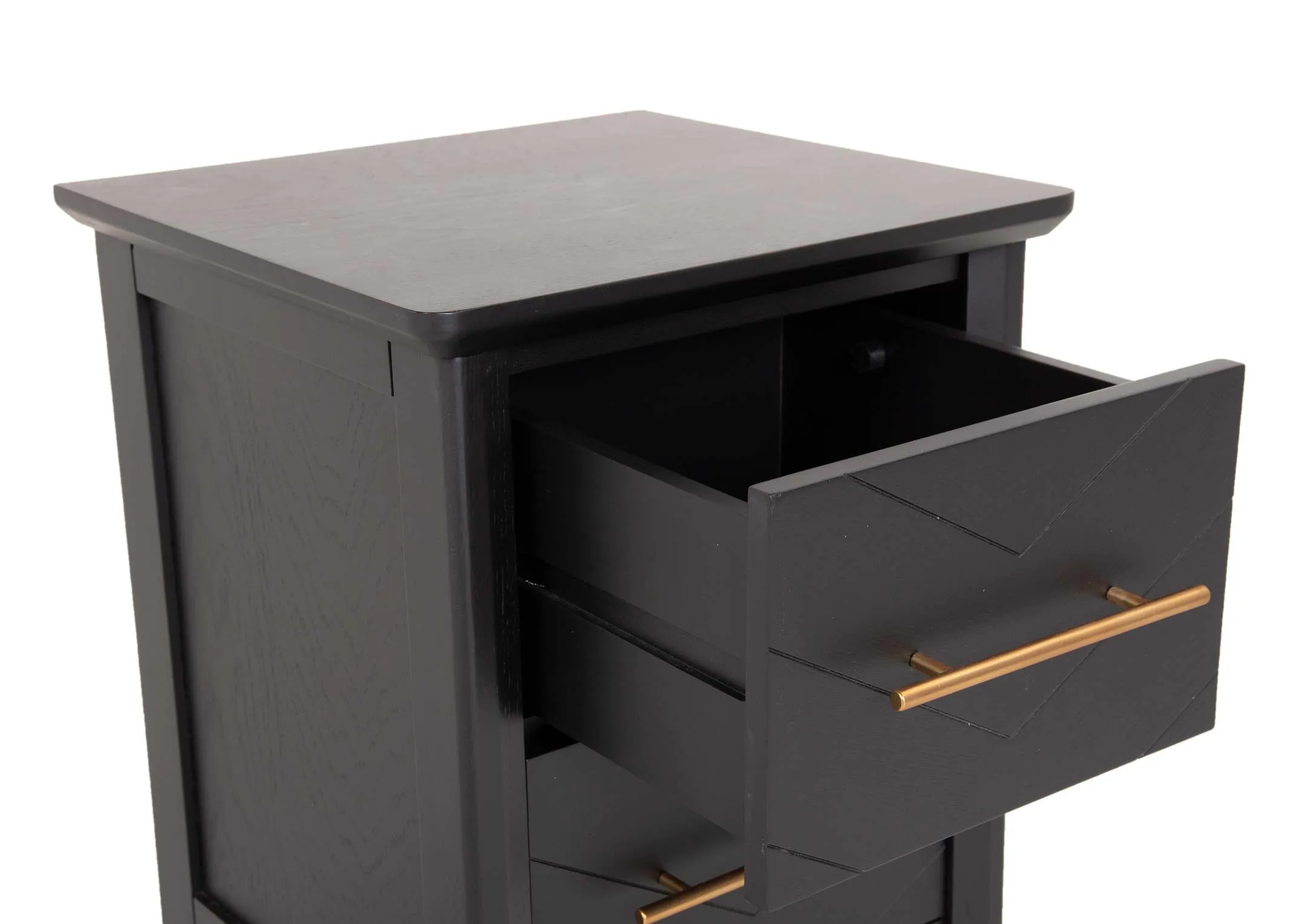 A 2 drawer black oak & pine locker from EZ Living's Chevron range. Closeup of open drawer showing soft slide
