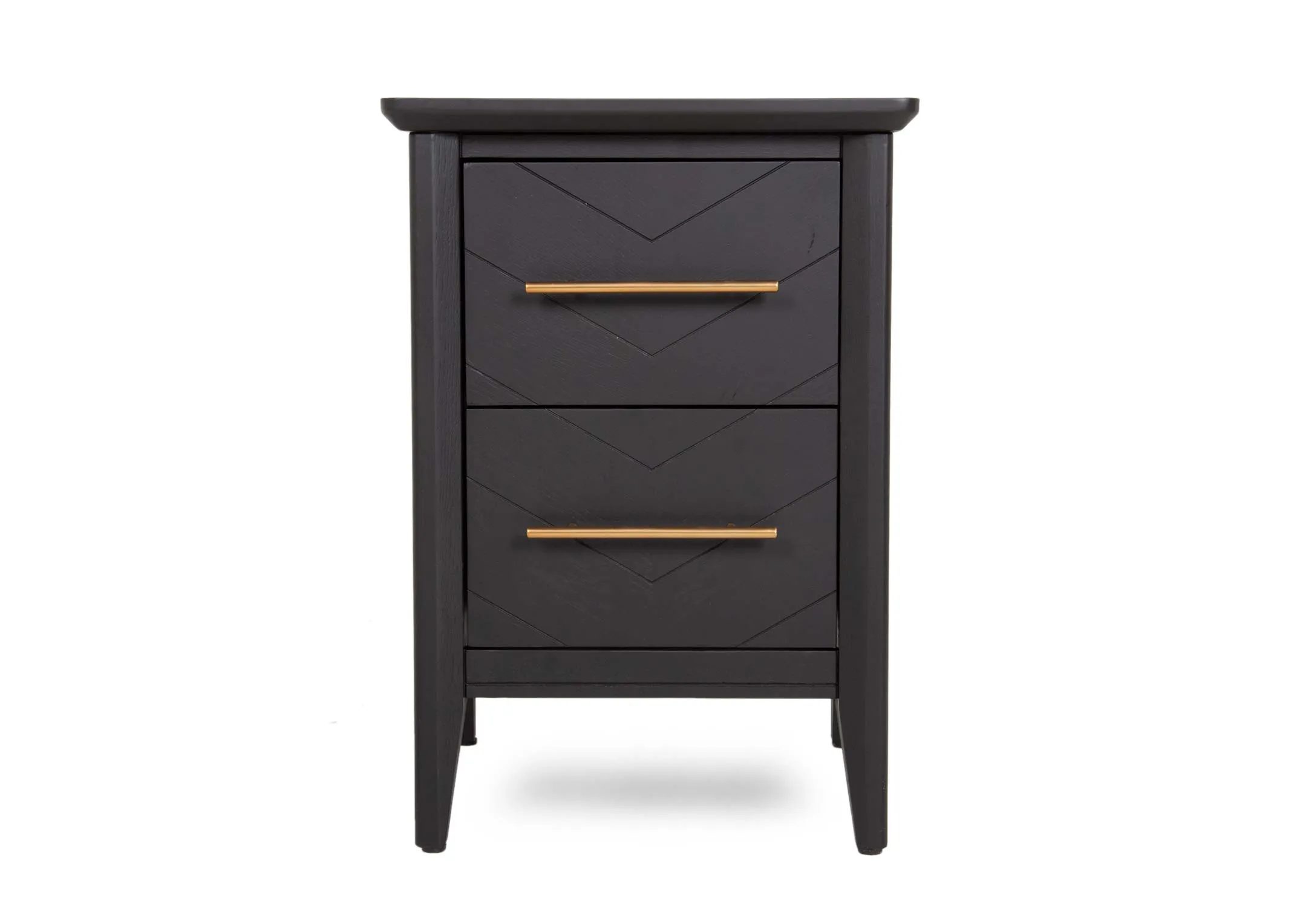 A 2 drawer black oak & pine locker from EZ Living's Chevron range. Front view of gold brass handles