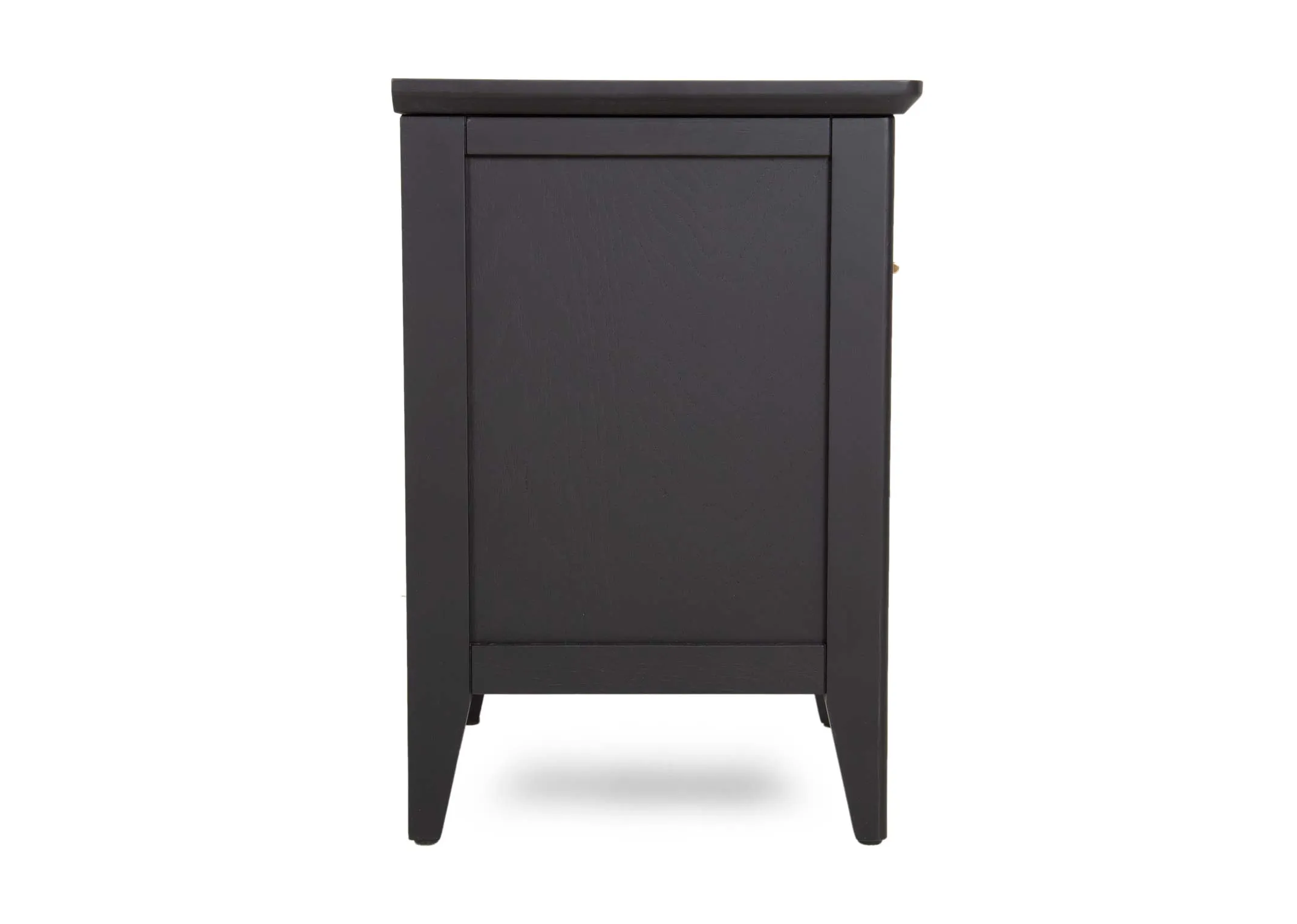 A 2 drawer black oak & pine locker from EZ Living's Chevron range. Side view of framed edges