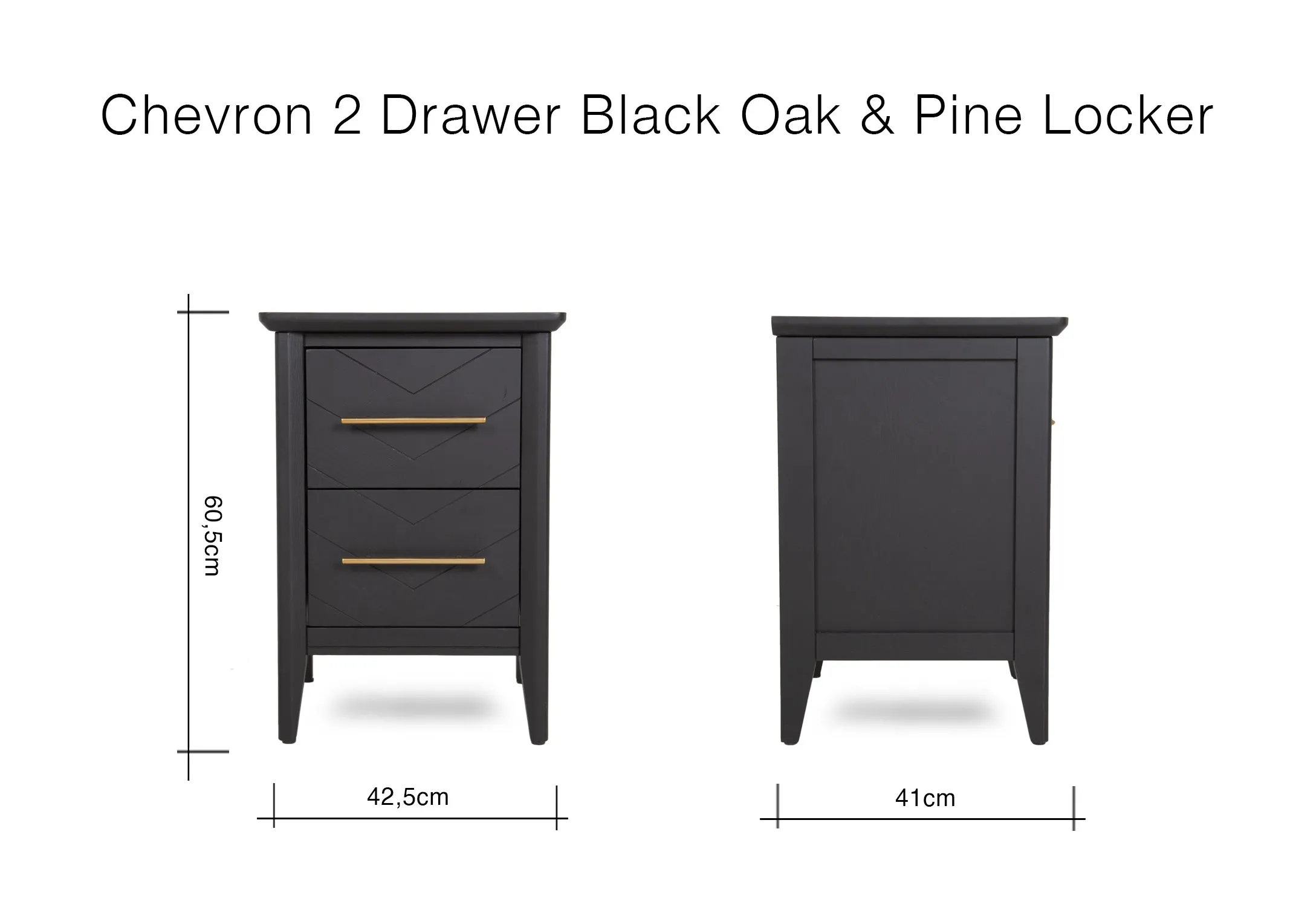 A dimension image of the Chevron Black Oak locker with 42.5cm x 41cm x 60.5cm (Height)