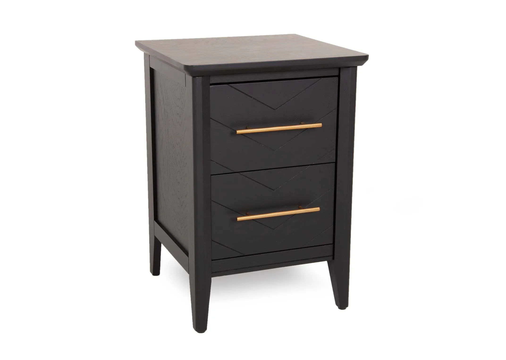 A 2 drawer black oak & pine locker from EZ Living's Chevron range. Angled view of gold brass handles