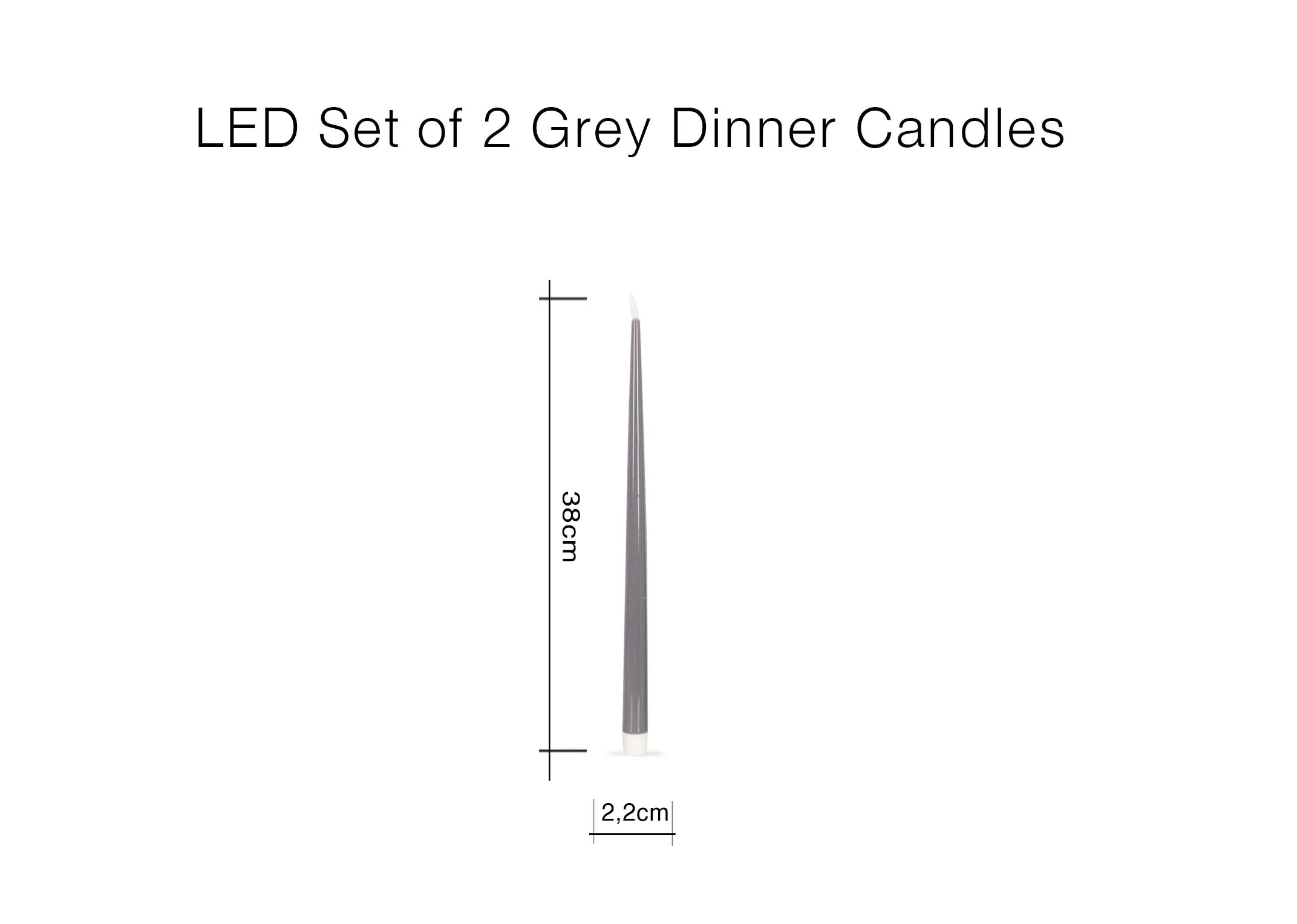 A dimension image for the LED Set of Grey dinner candles with 2.2cm x 38cm