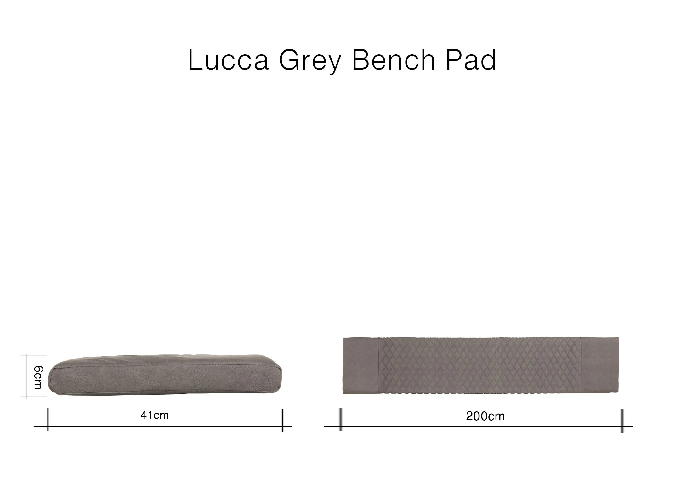 A dimension image of the Lucca Grey Bench Pad width 200cm x 48cm x 6cm