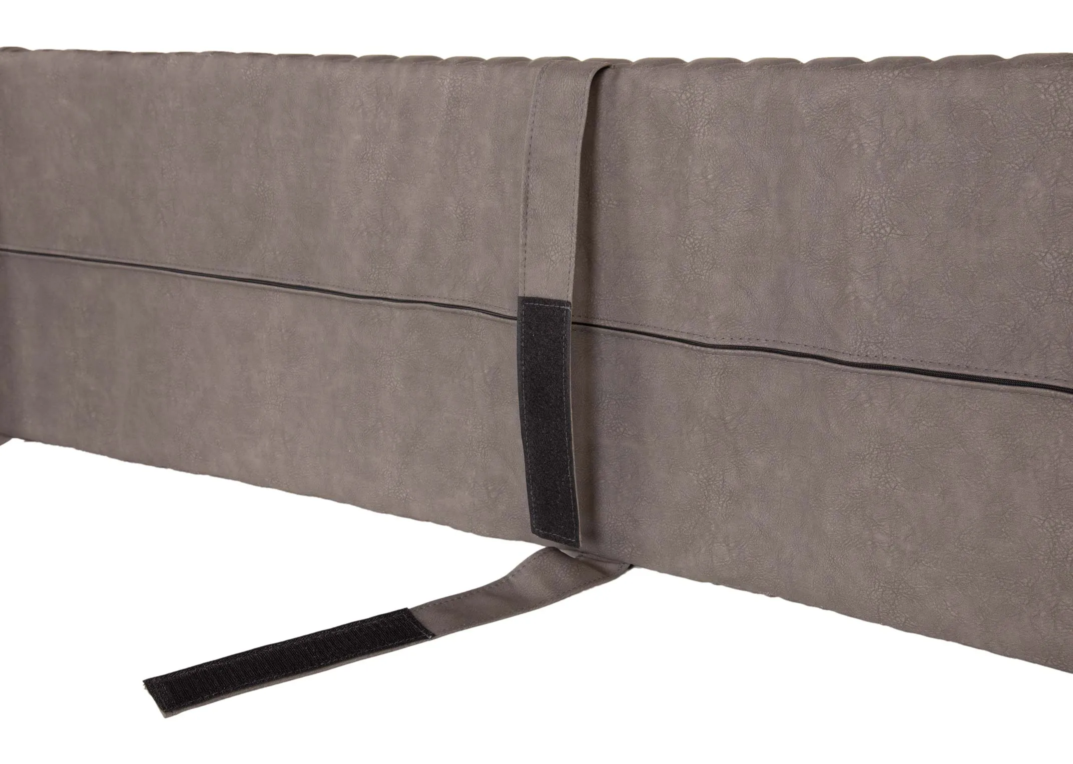 A grey pu fabric seat pad from EZ Livings Lucca range. Closeup of the easy to use velcro straps