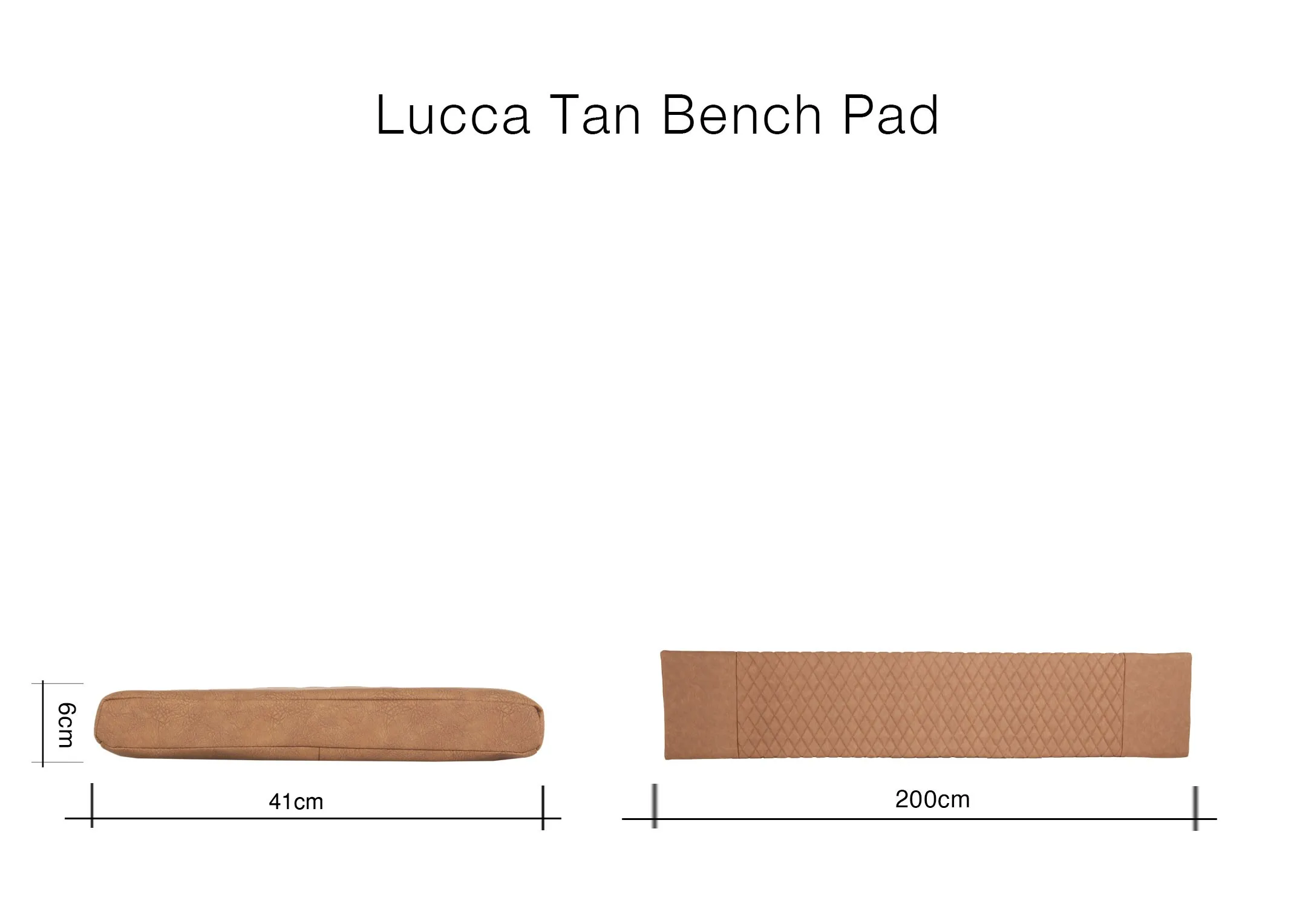 A dimension image of the Lucca Tan Bench Pad width 200cm x 41cm x 6cm