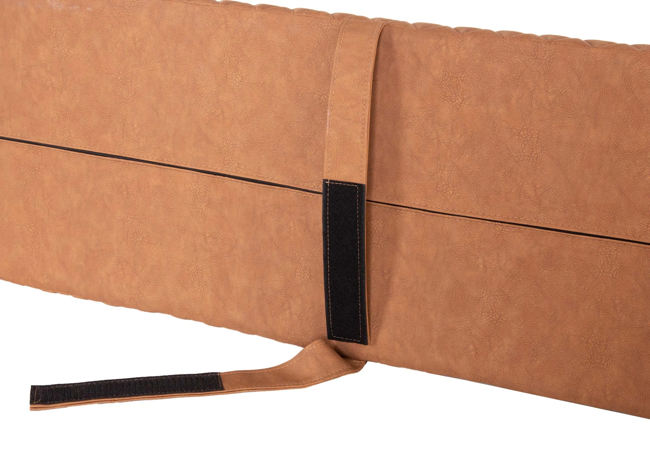 A tan pu fabric seat pad from EZ Livings Lucca range. Closeup of velcro straps