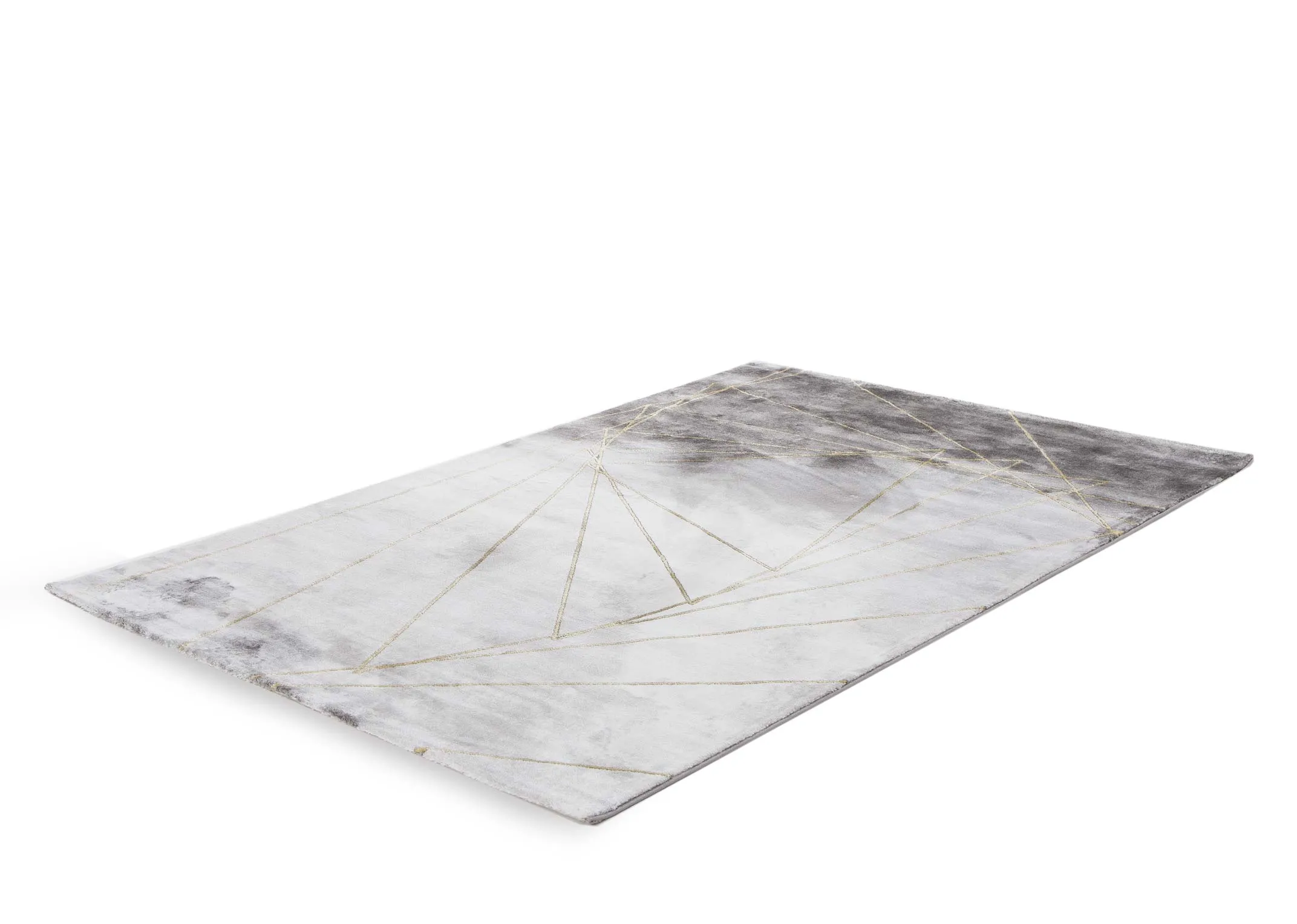 A grey sofa rug with gold geometric lines from EZ Living Furniture's Avery range. Closeup view of pile depth