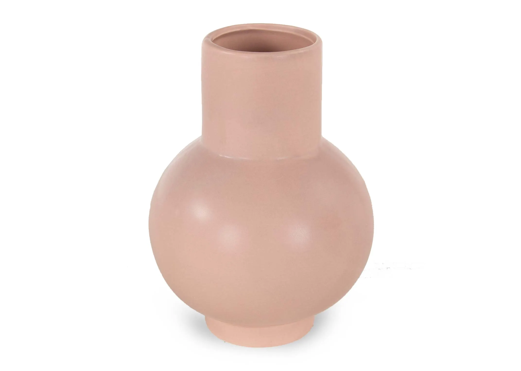 A light pink tubular vase from EZ Living Furniture's Cassia range. Angled view of round base & tube top.