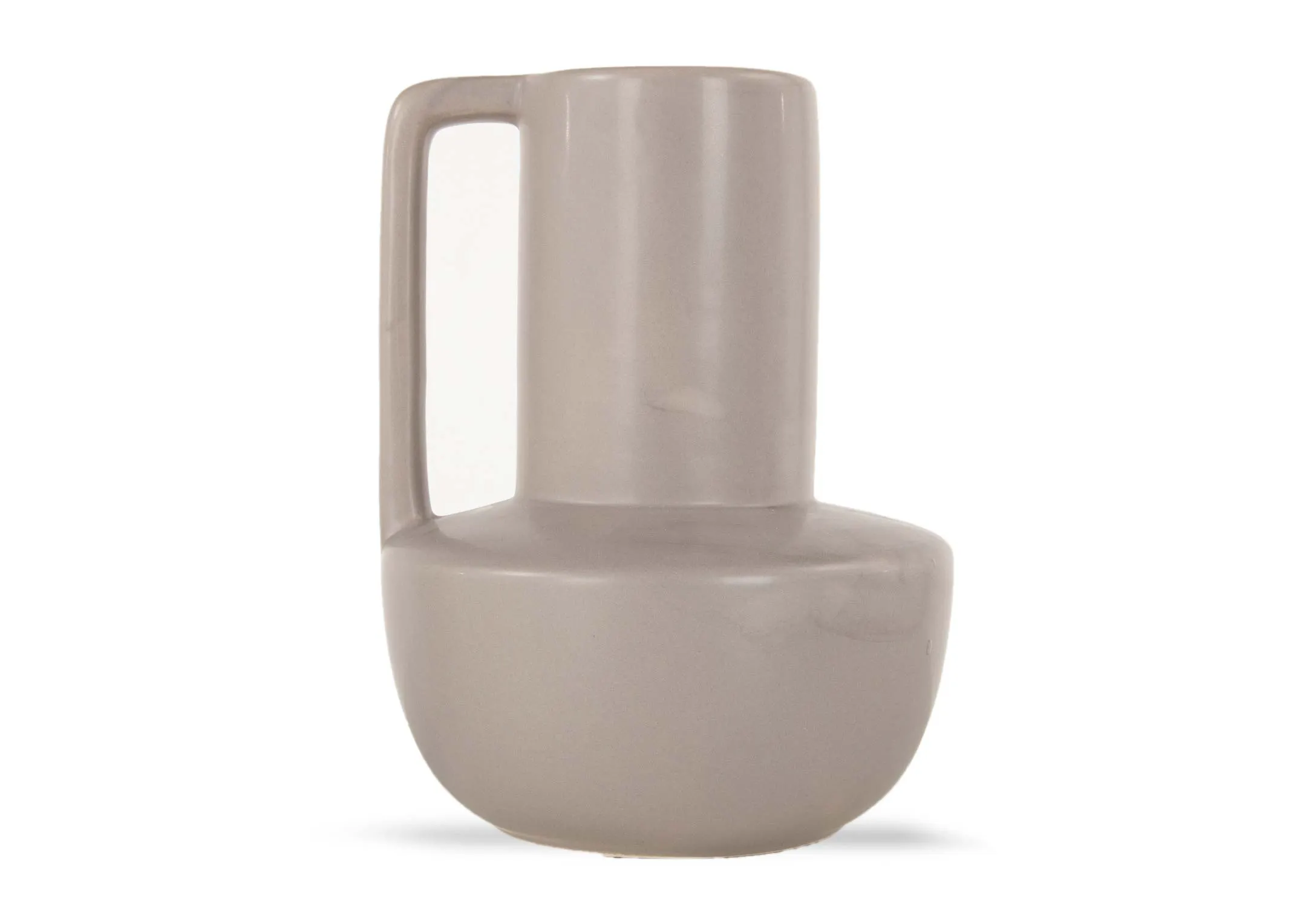 A taupe amphorae vase with handle from EZ Living's Cecelia range. Front view of jug like style