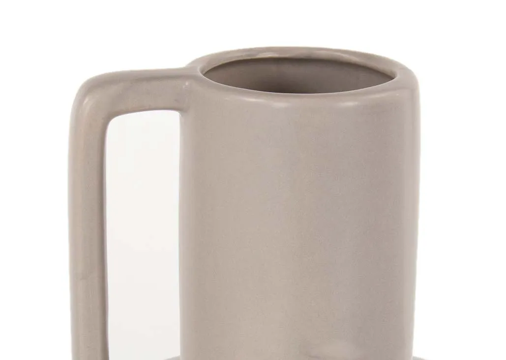 A taupe amphorae vase with handle from EZ Living's Cecelia range.Closeup of wide vase opening