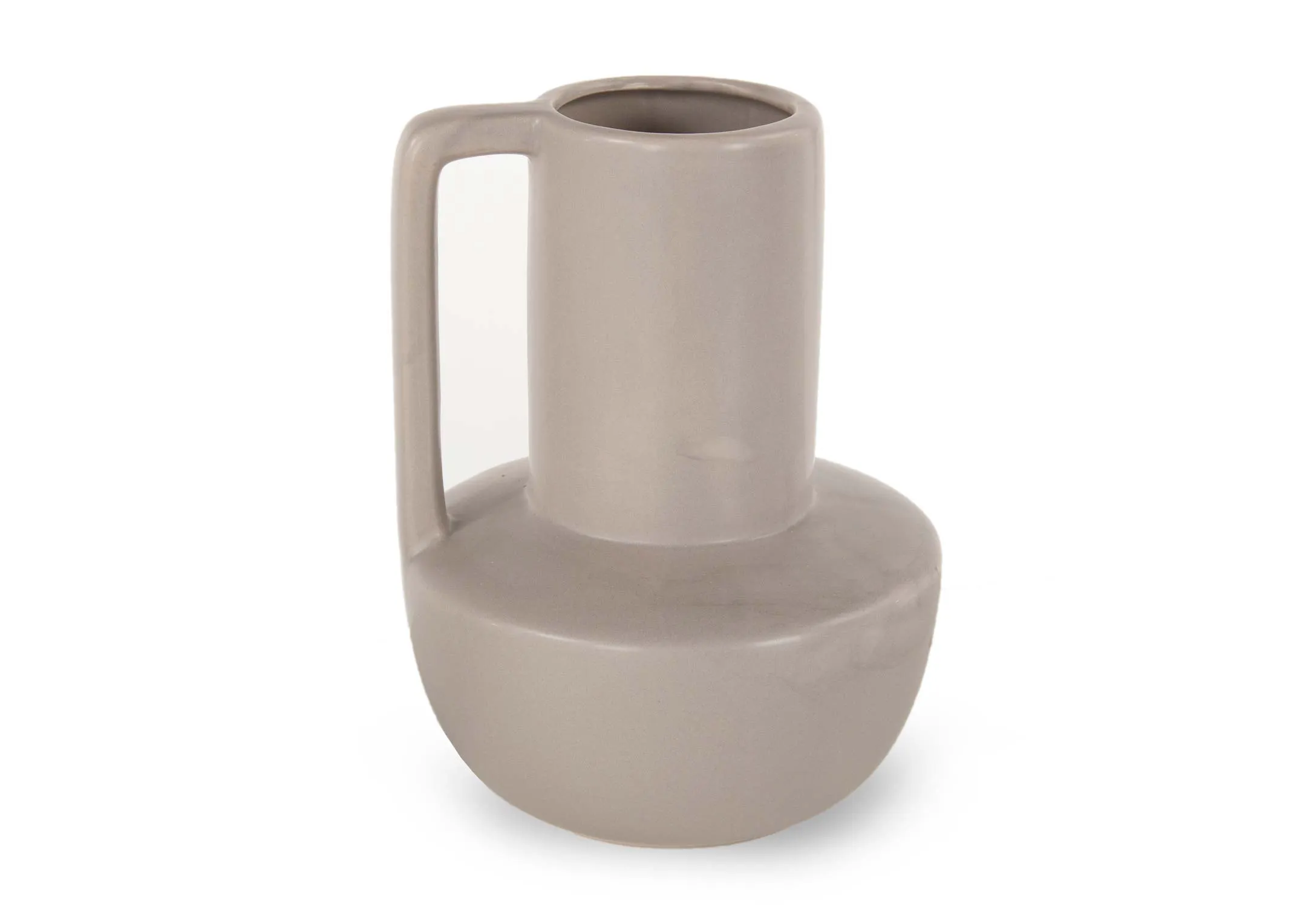 A taupe amphorae vase with handle from EZ Living's Cecelia range.Angled view of ornamental vase