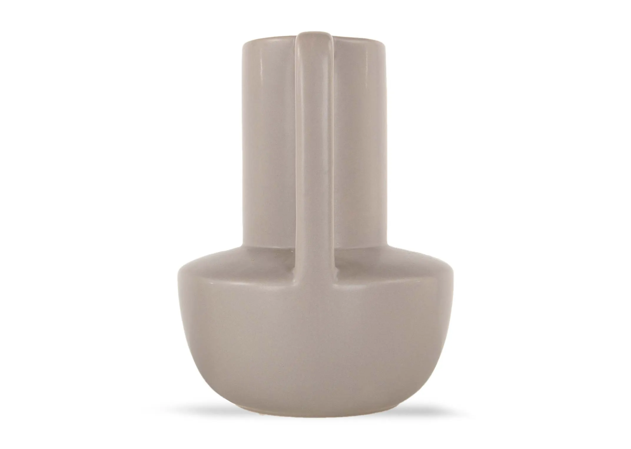 A taupe amphorae vase with handle from EZ Living's Cecelia range. Front view of jug like style