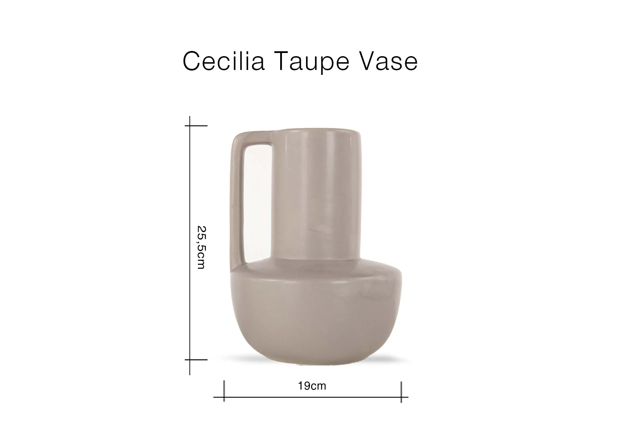 A dimension image of the Cecilia Taupe Vase with 19cm (Width) x 25.5cm (Height)