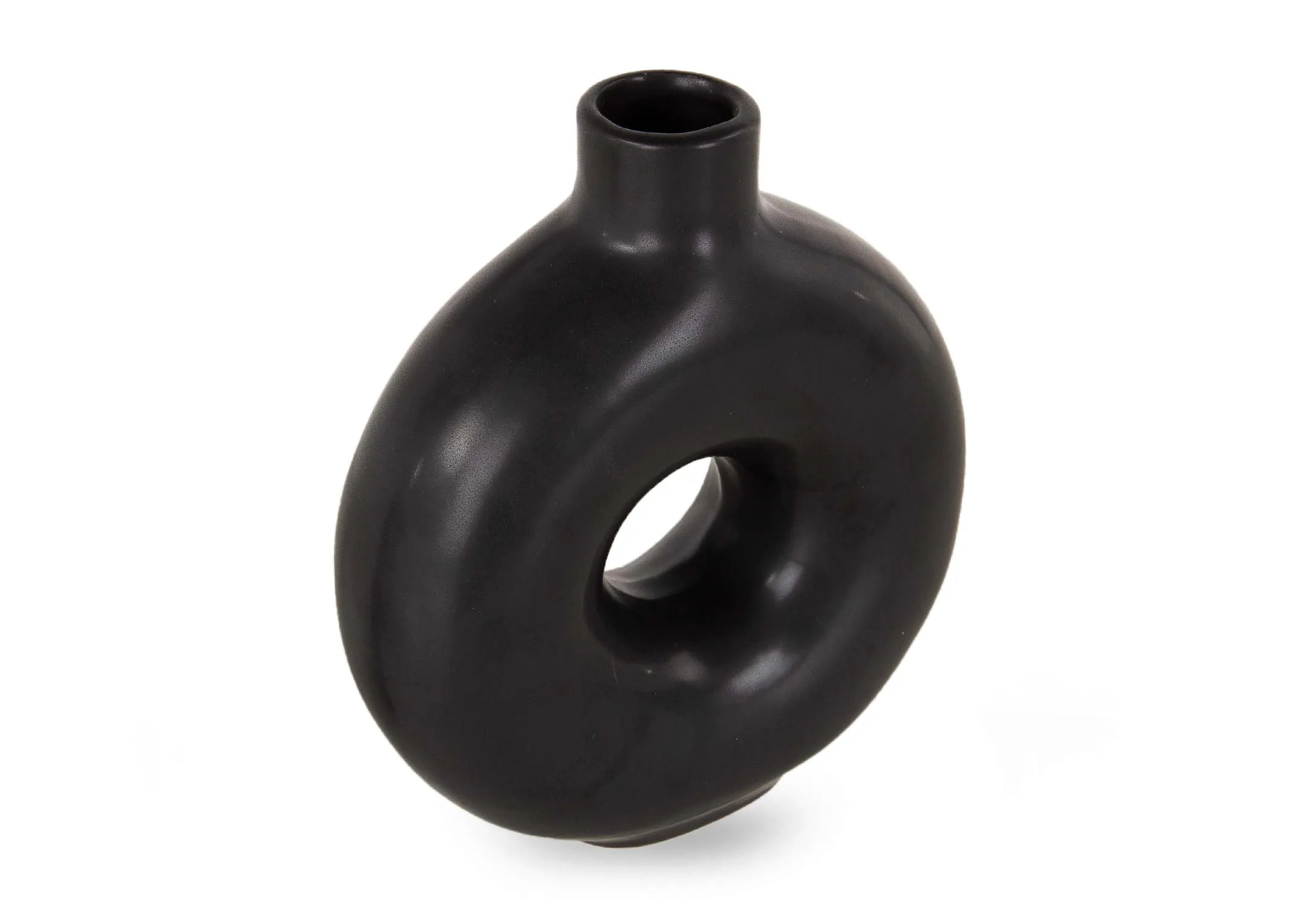 A black round doughnut vase from EZ Living's Vita range. Angled view of small vase opening for stems.