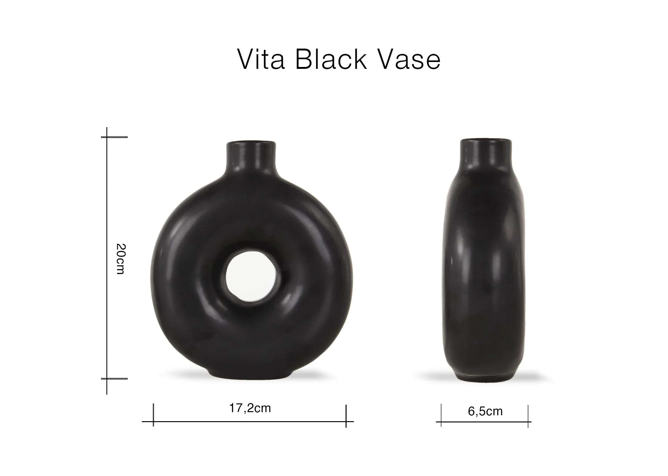 A dimension image of the Vita Black vase with 17.2cm (Width) x 6.5cm (Depth) x 20cm (Height)