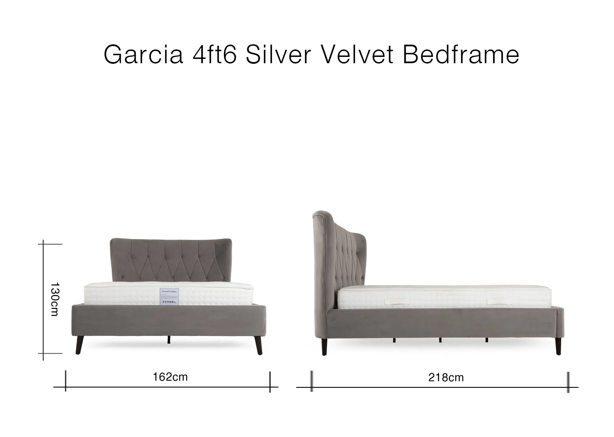 A dimension image of the Garcia 4ft6 Velvet Bedframe with 162cm (Width) x 218cm (Length) x 130cm (Height)