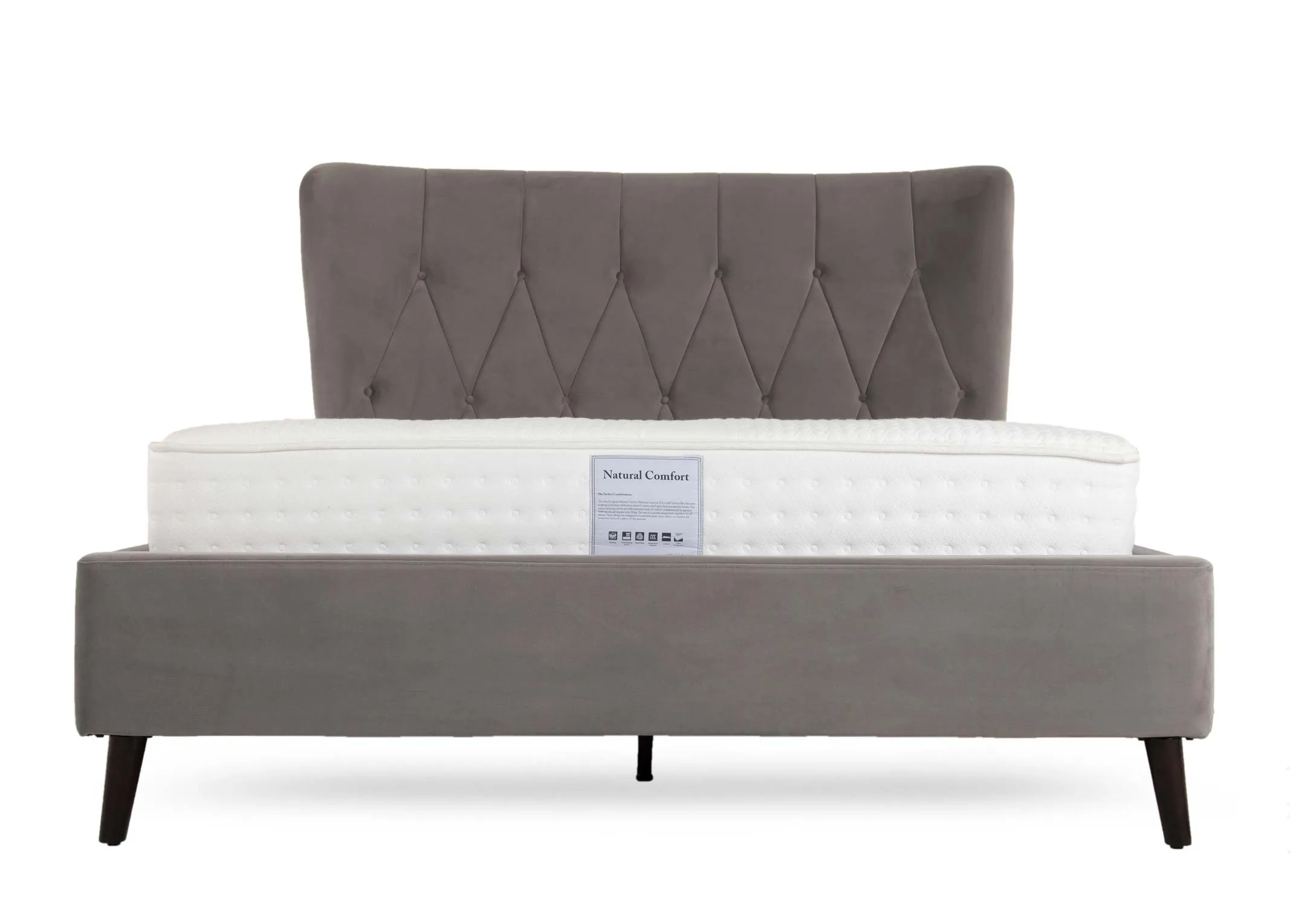 A 5ft silver velvet bedframe with mattress from EZ Living Furniture's Garcia range. Side view shows slight wing on hb