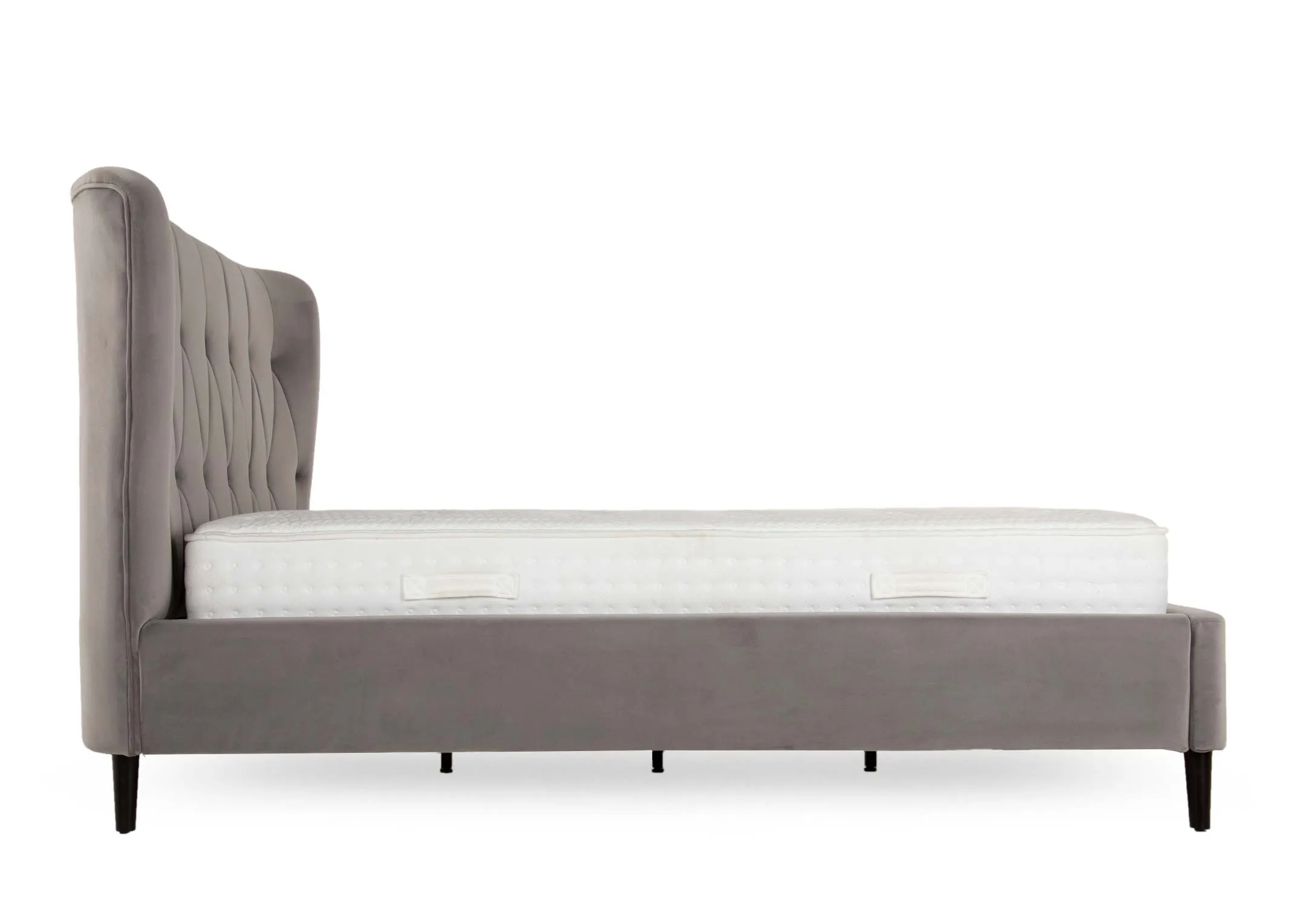 A 5ft silver velvet bedframe with mattress from EZ Living Furniture's Garcia range. Back  view of head & wood slats