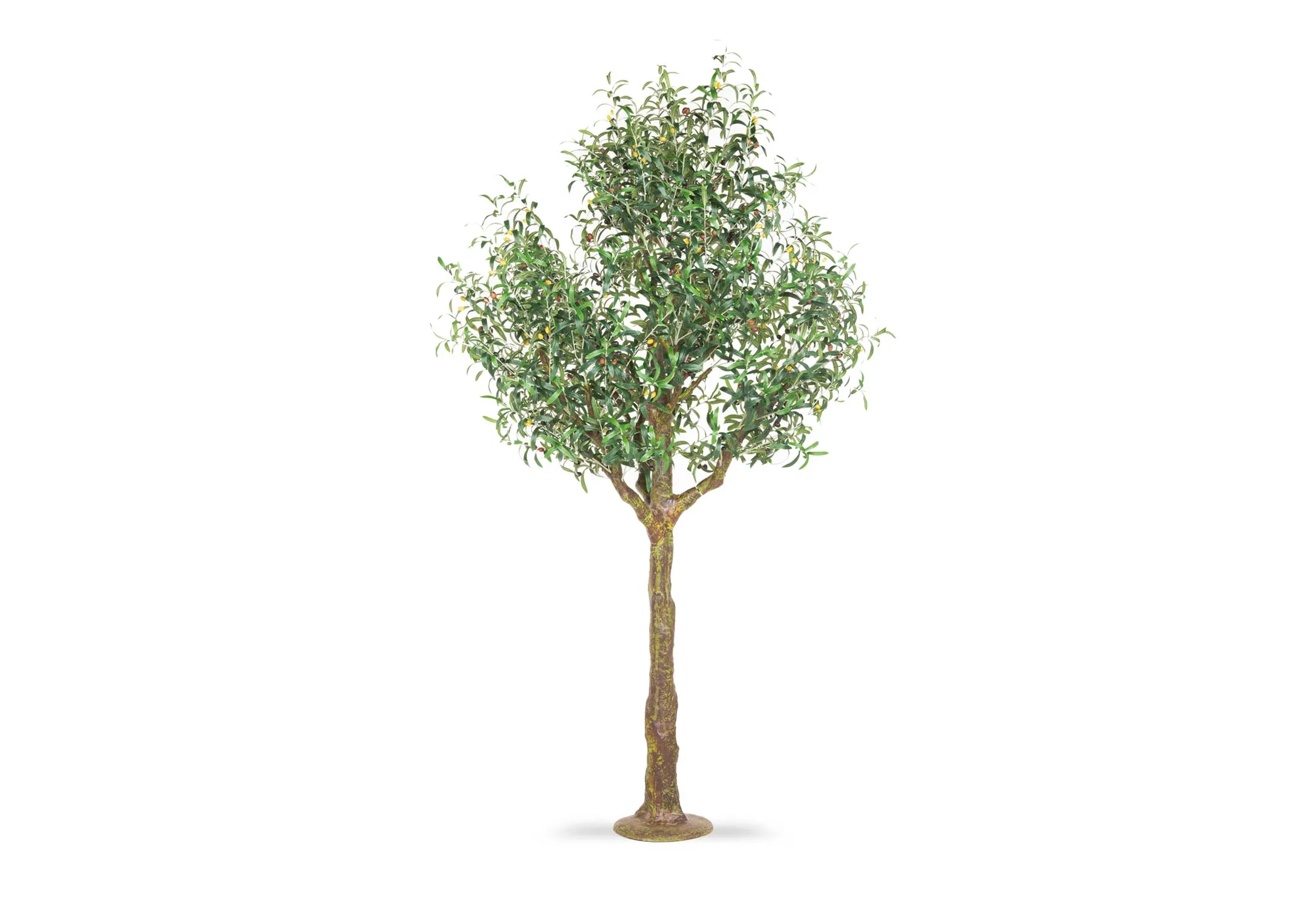 A large olive tree with a metal green.bronze stand from EZ Living's Olive collection. Front view