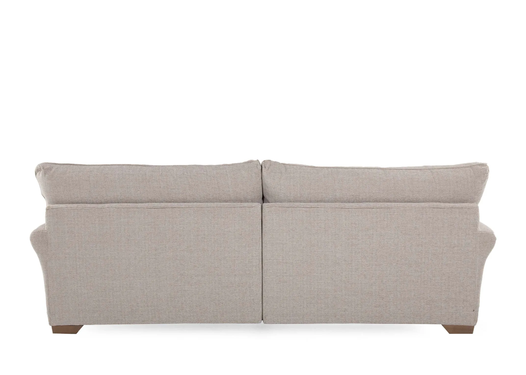 A 4 seater beige accent fabric sofa from EZ Living Furnitures Strata range. Front view of the sofa