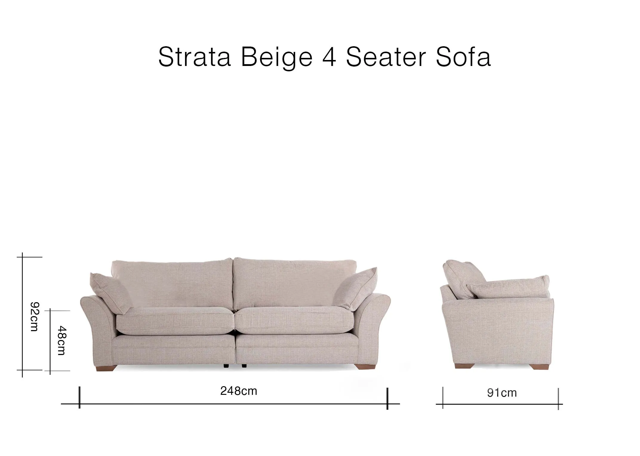 A dimension image of the Strata 4 Seater beige sofa with 246cm (Width) x 91cm (Depth) x 92cm (Height)