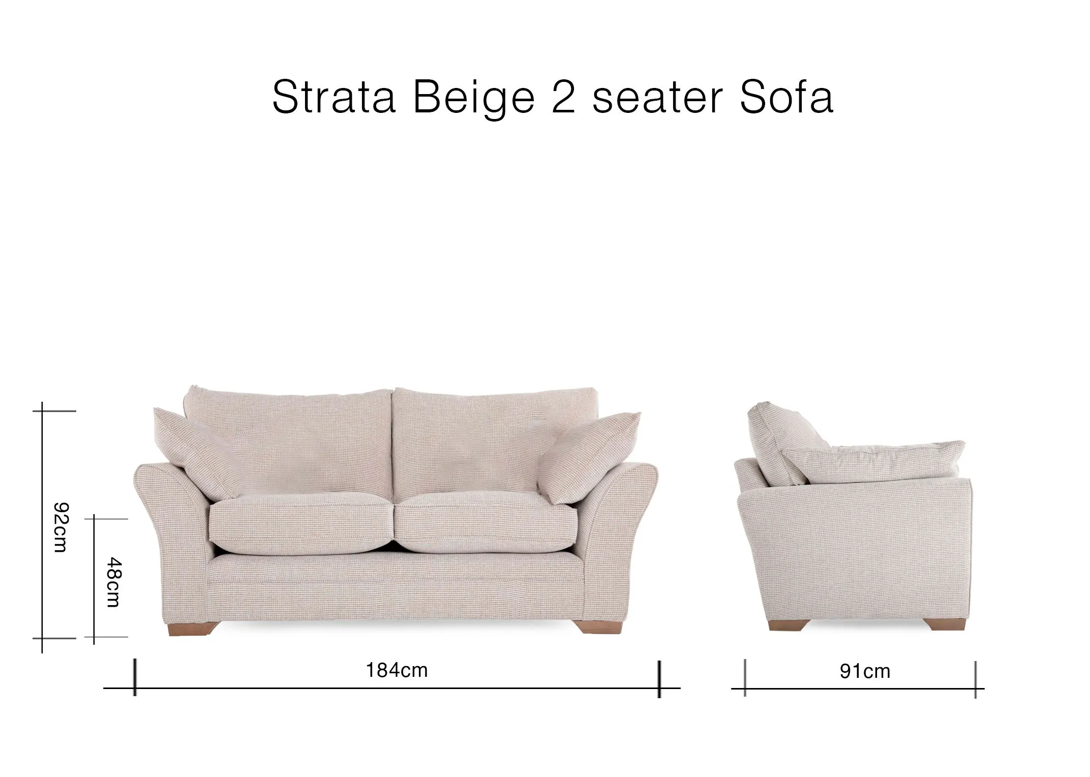 A dimension image of the Strata Beige 2 Seater sofa with 184cm (Width) x 91cm (Depth)