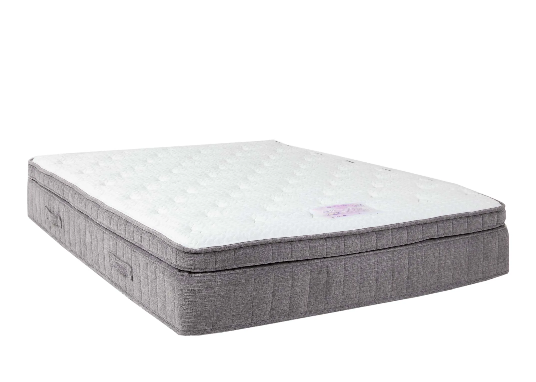 A 4ft mattress with 2000 pocket springs from EZ Living's Therma-cool range. Angled view of grey trim mattress