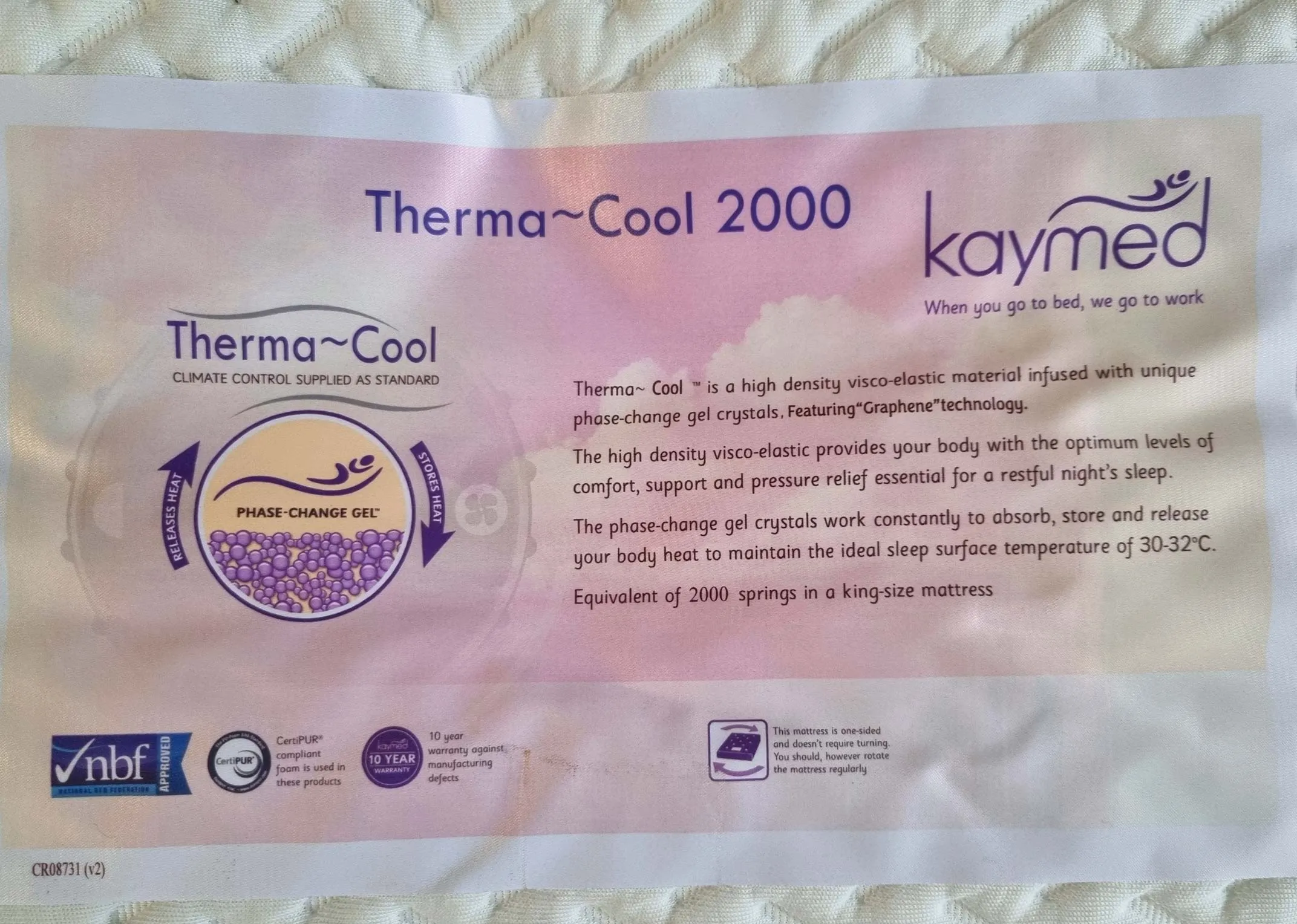 A king 5ft mattress with 2000 pocket springs from EZ Living's Therma-cool range. Closeup of brand benefits & warranty