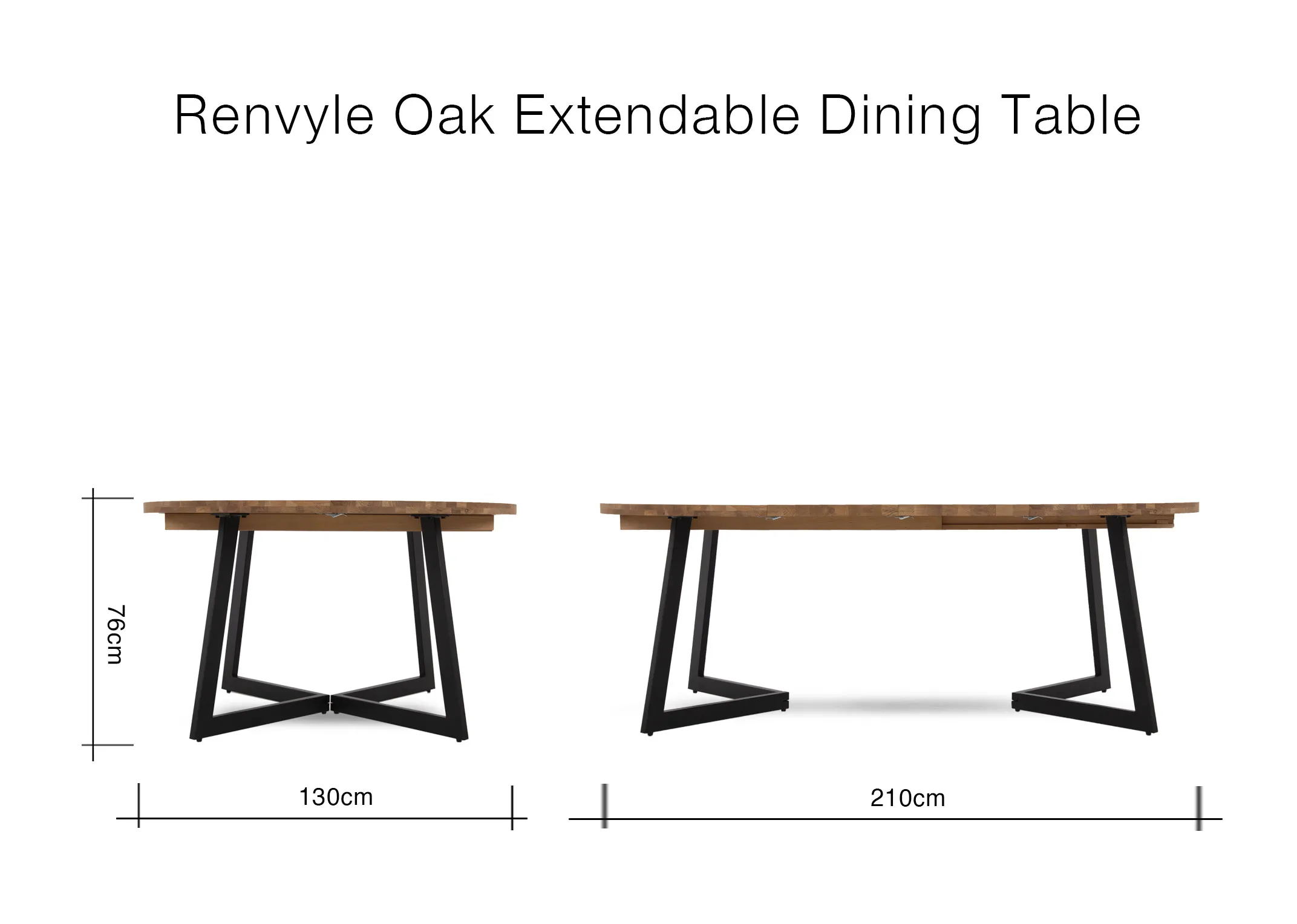 A dimension image of the Renvyle Oak Extendable table with 130cm -210cm x 76cm H