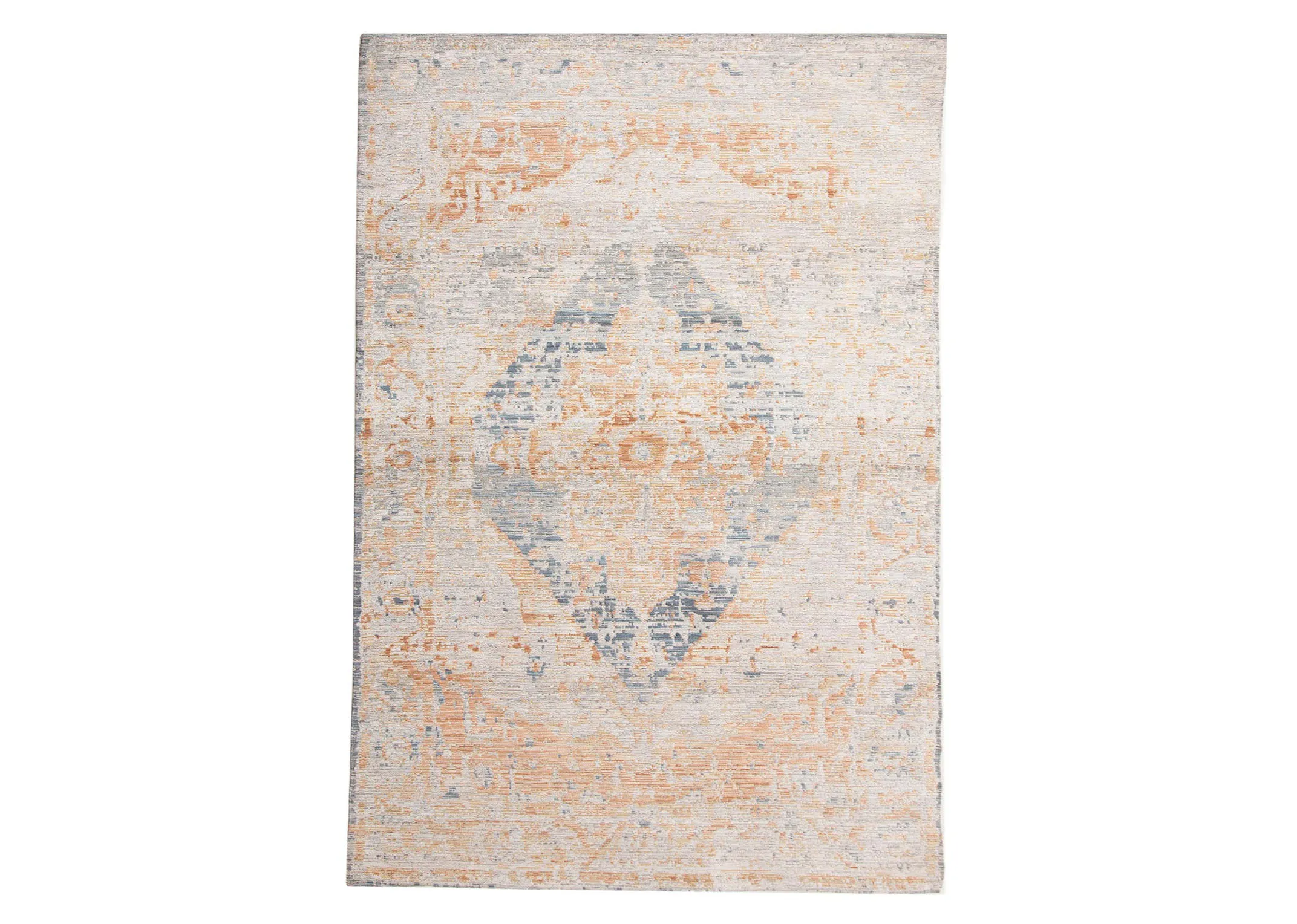 A peach & blue persian print on a small grey ivory rug from EZ Living Furniture's Maxima range. Front view of design