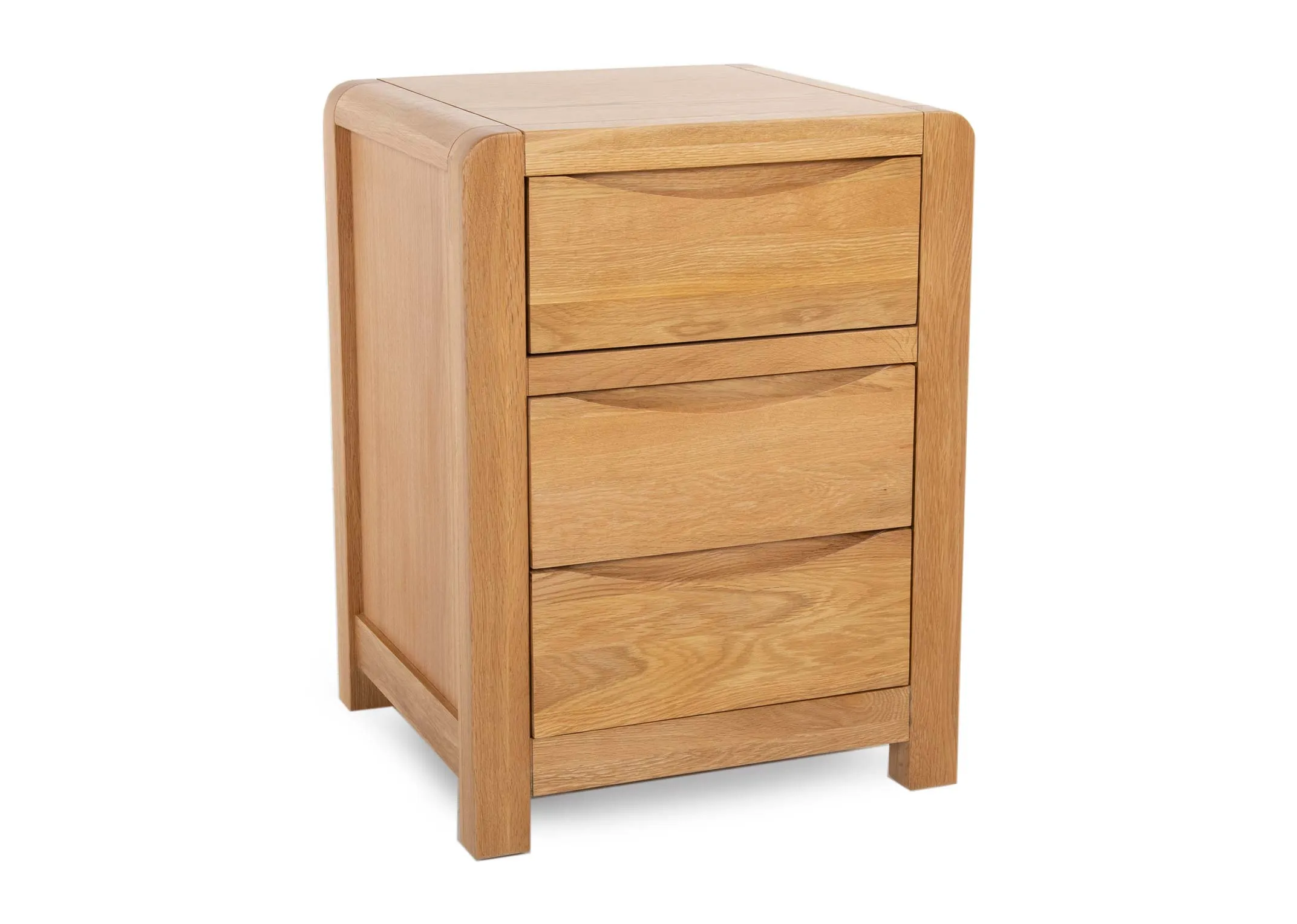 An oak 3 drawer bedside locker from EZ Livings Iris range. Angled view of 3 drawers with indents for hand.