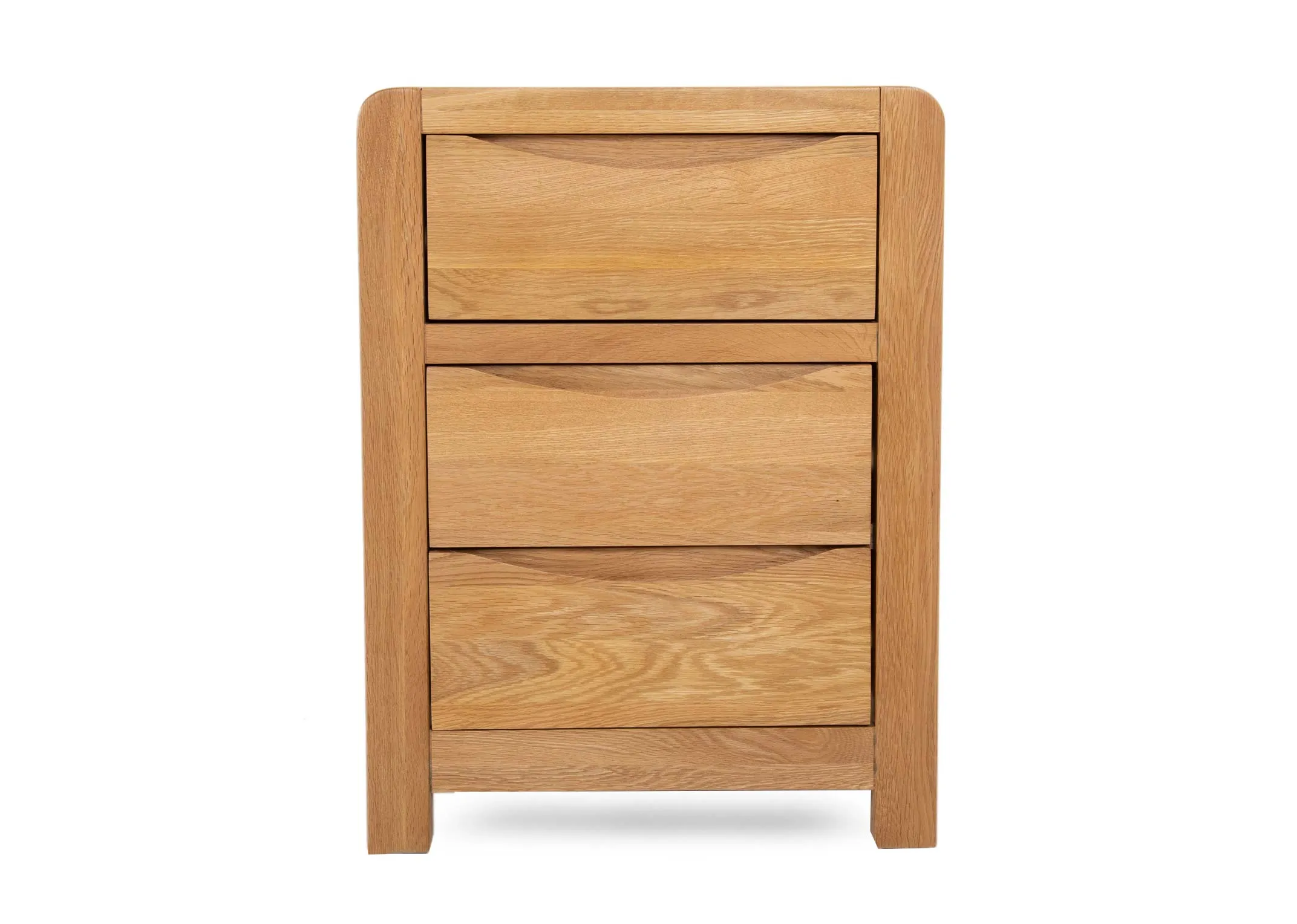 An oak 3 drawer bedside locker from EZ Livings Iris range. Angled closeup pf soft close drawer interior#