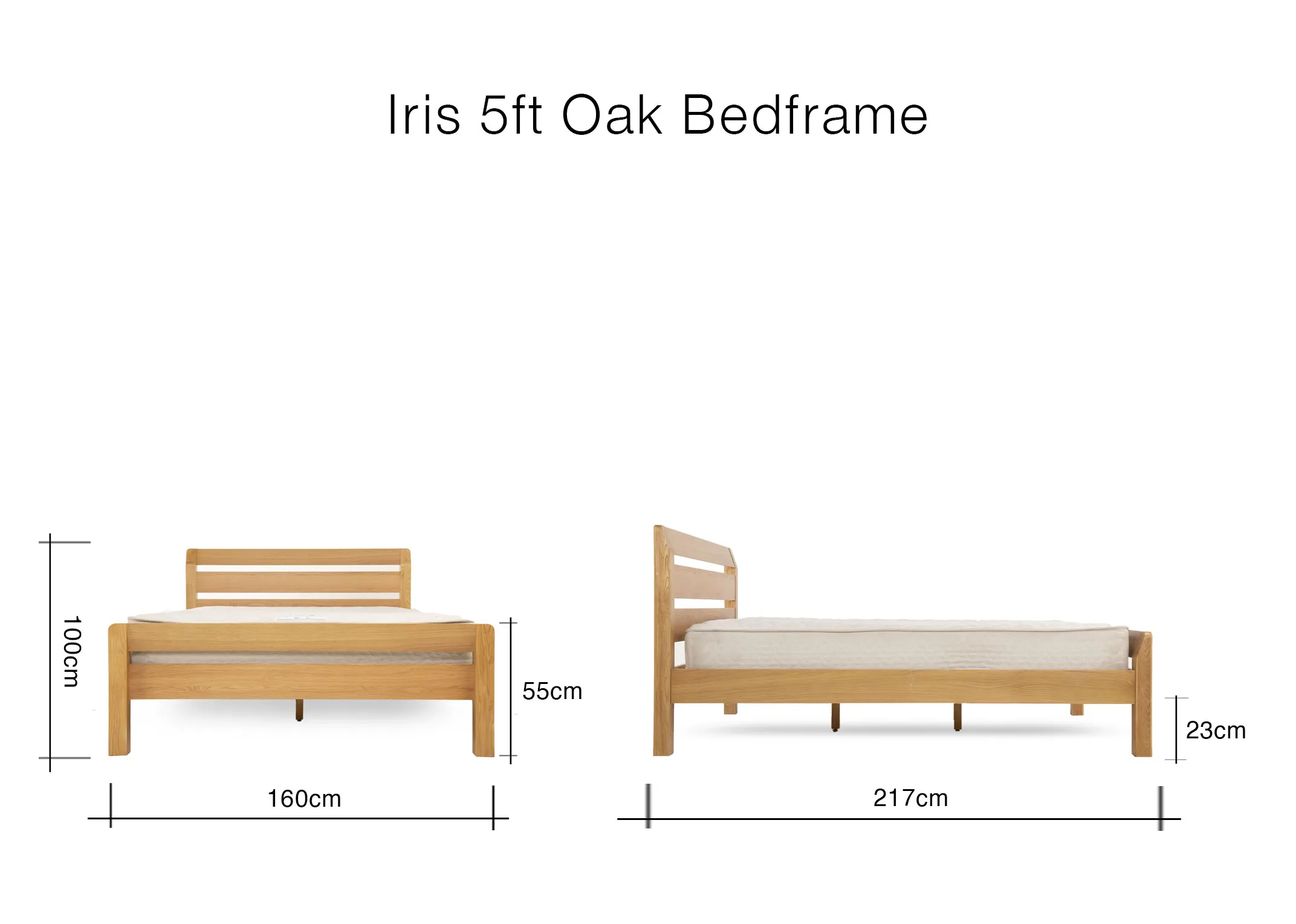 A dimension image of the Iris 5ft Bedframe with 160cm (Width) x 217cm (Length) x 100cm (Height)