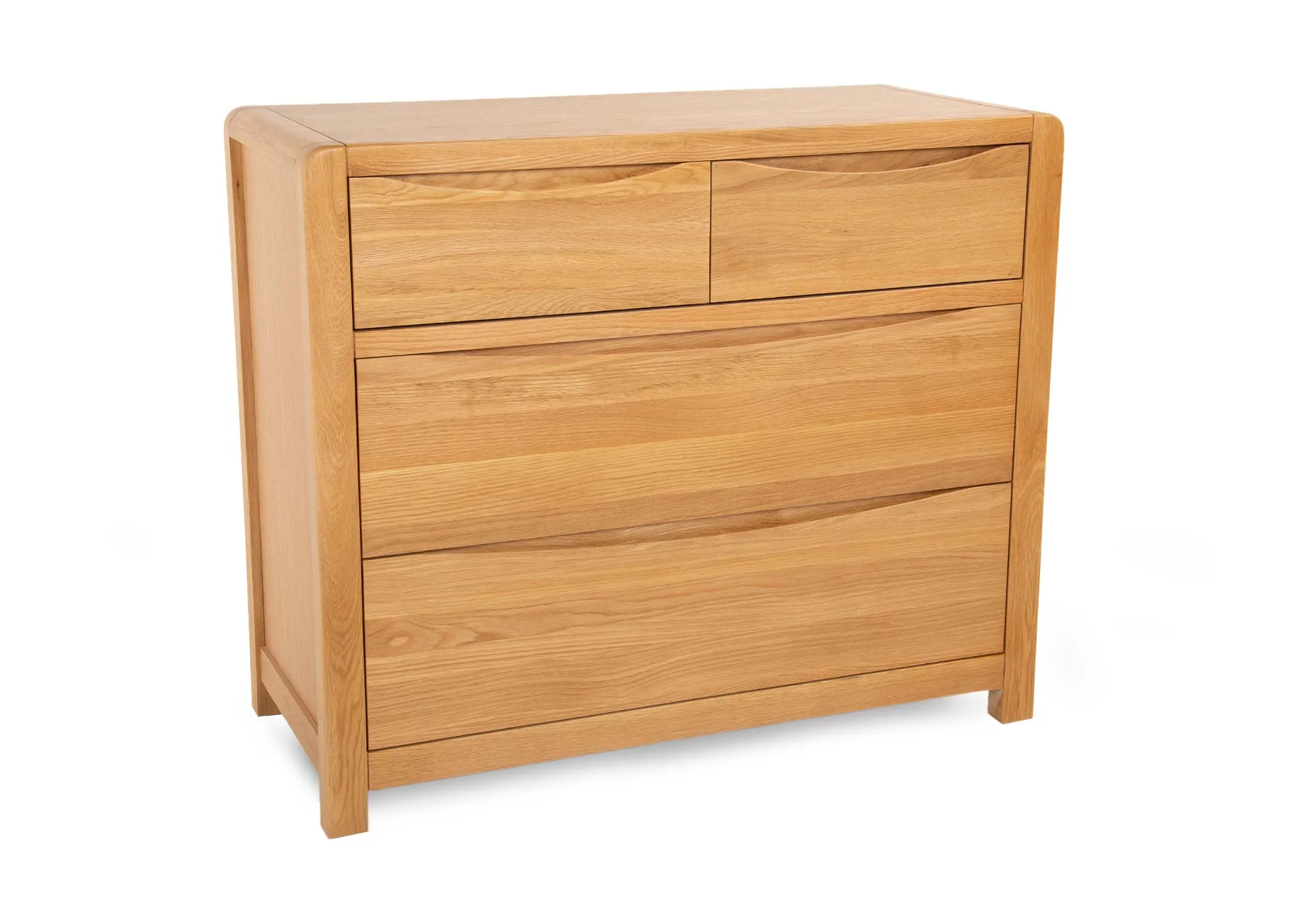 An oak chest of drawers from EZ Livings Iris range. Angled view of smooth texture finish & curved soft edges