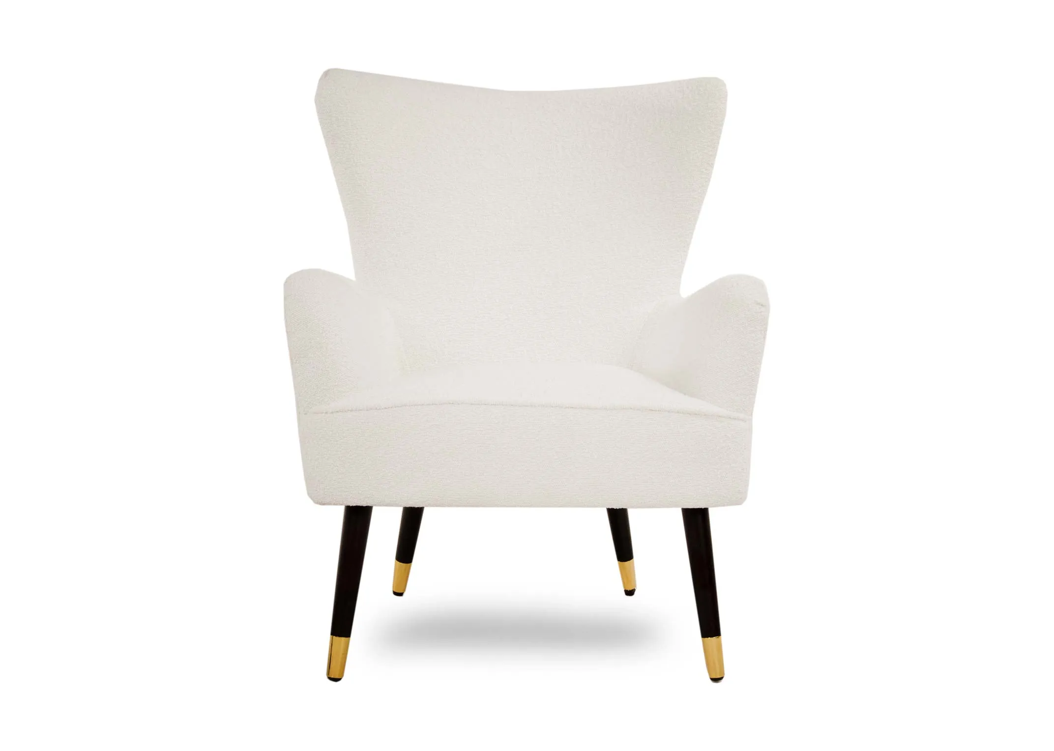 A cream boucle lounge armchair from EZ Living Furnitures Shiraz range. Front view of armchair and high wings