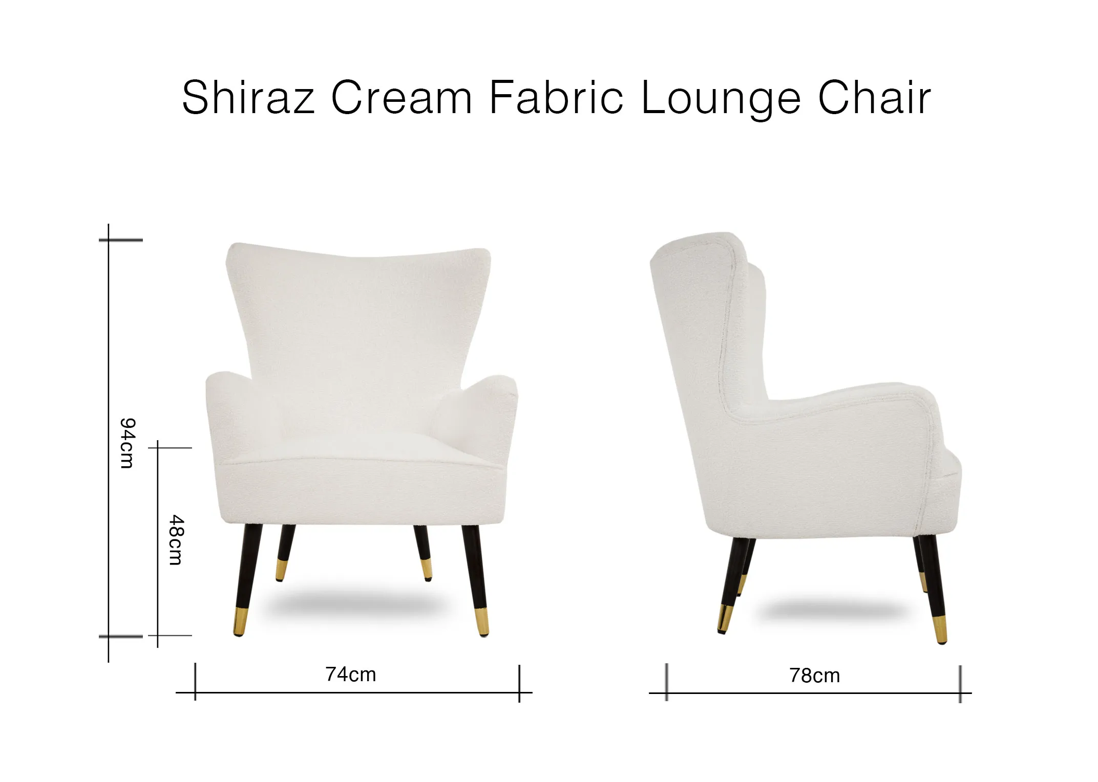 A dimension image of the Shiraz Cream Lounge Chair with 74cm (Width) x 78cm (Depth) x 94cm (Height)
