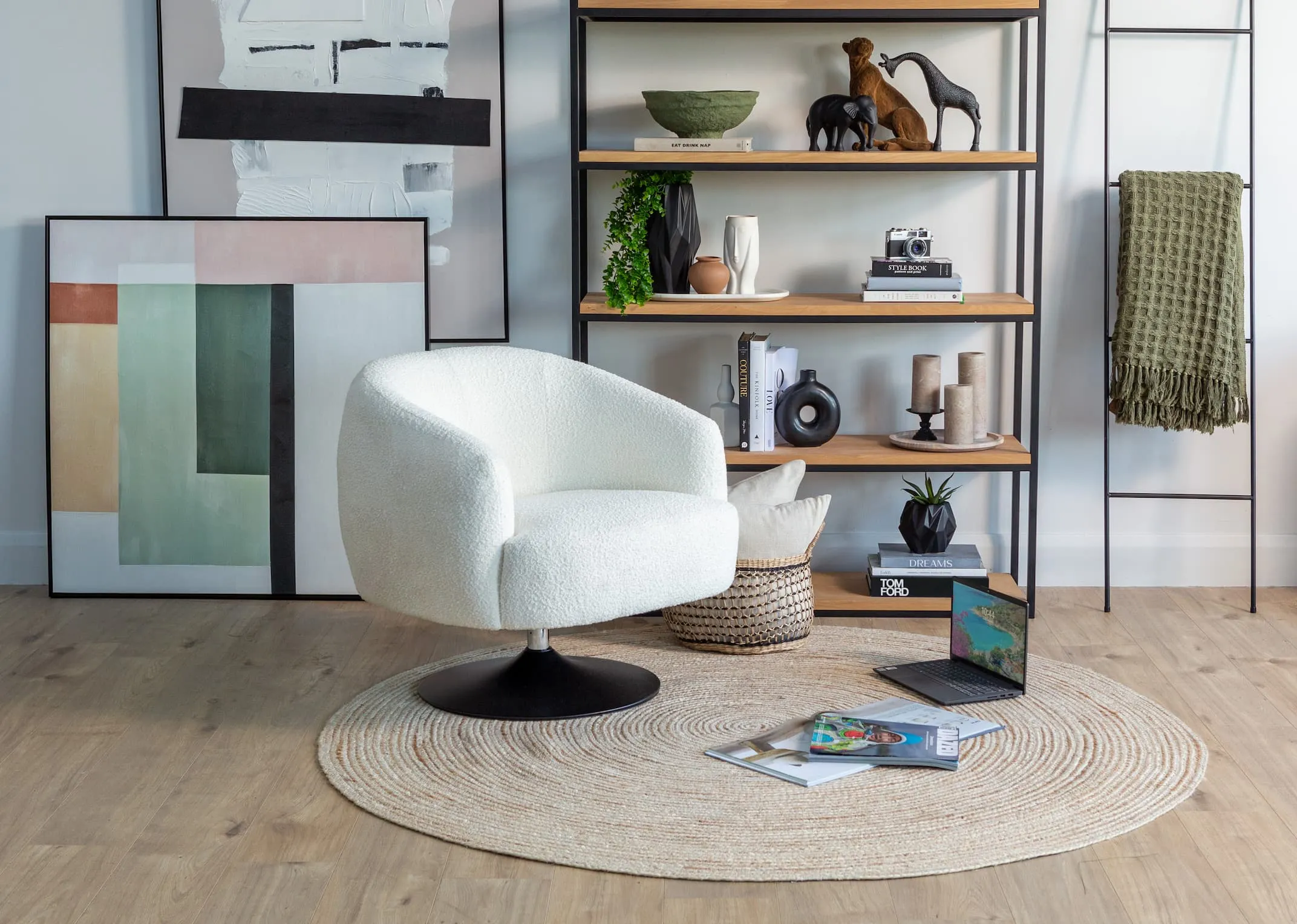Cream Boucle Fabric Swivel Chair - Fusion